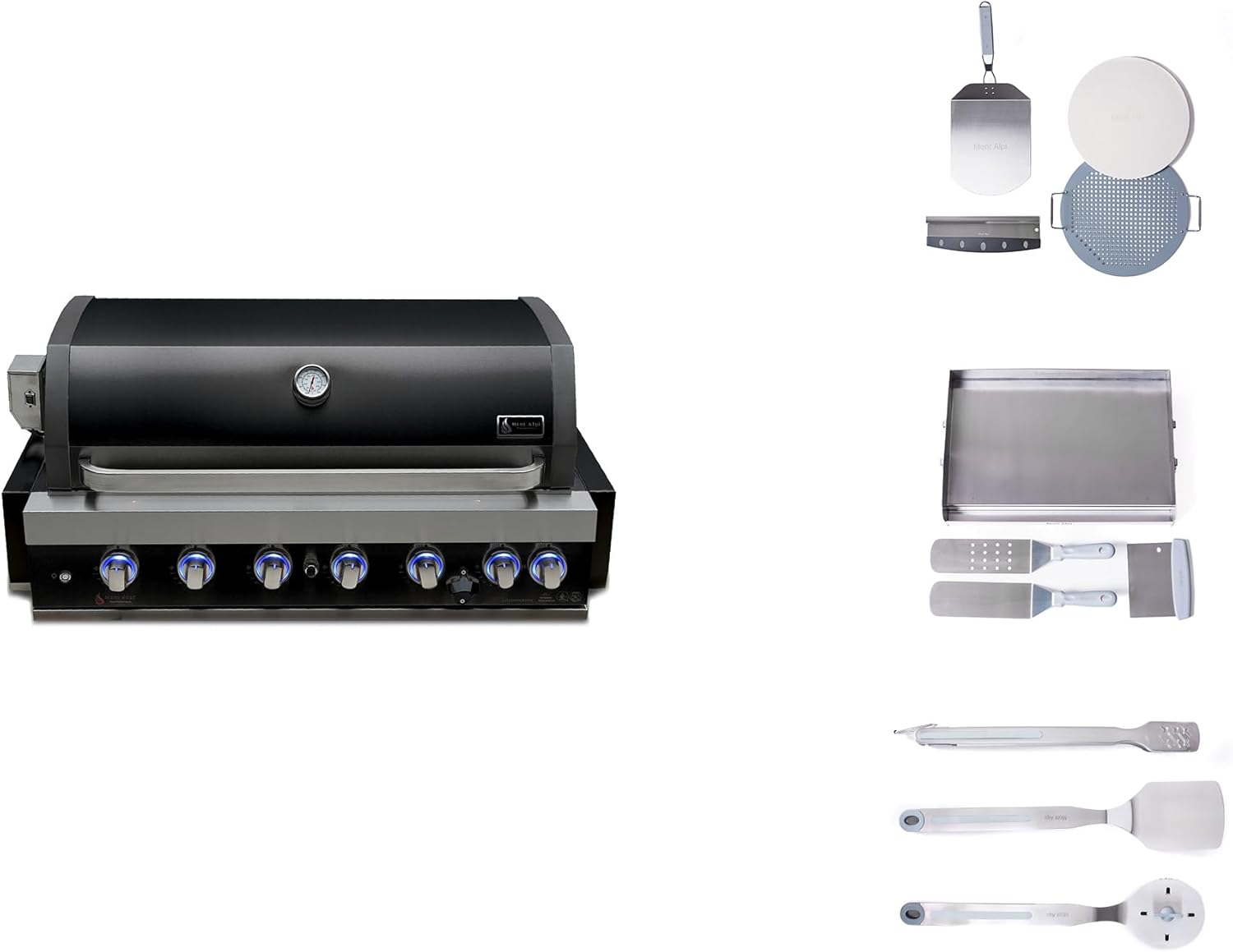 Mont Alpi MABi805-BSSTOOLKIT 44-inch 6 Burner 87000 BTU Black Stainless Steel Built-in Gas Grill + Universal Flat Top Griddle Kit & Pizza Kit Converter + Barbecue 3 Piece Tool Kit with Cleaning Brush