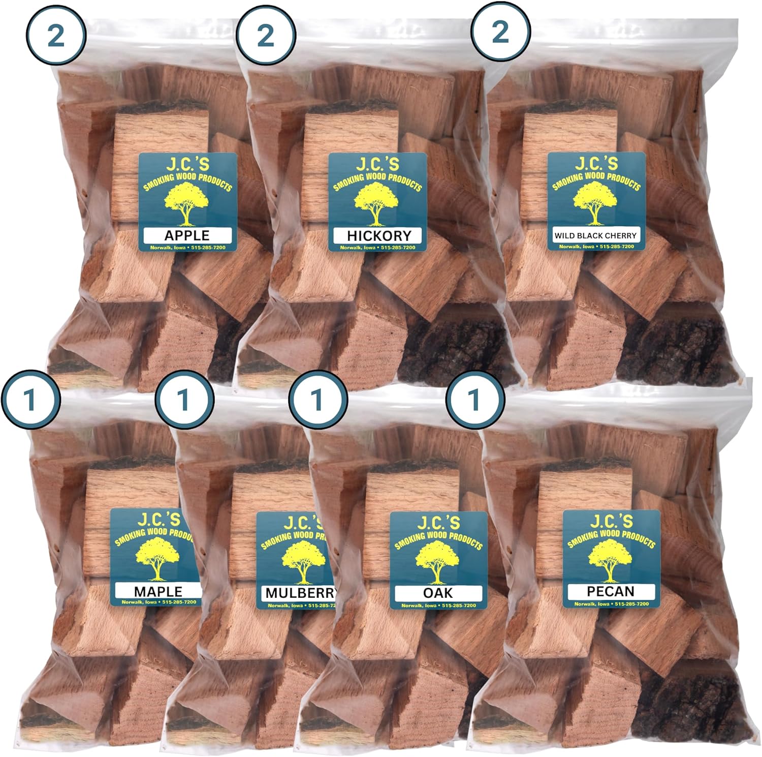 J.C.'s Smoking Wood Chunks - Premium 10PK Gallon Sized Bags of #2 Apple, Hickory, Wild Black Cherry & #1 Maple, Mulberry, Oak & Pecan
