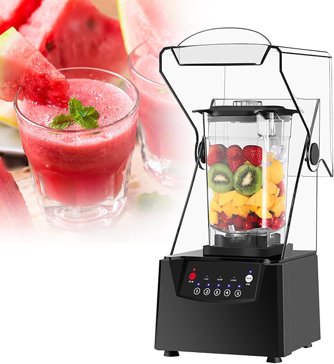 2200W Soundproof Cover Blender, Quiet Commercial Blender, Fruit Juice Smoothie Maker with Smart Touch Screen, High-Speed Blenders for Restaurants, Hotels, Homes, Parties