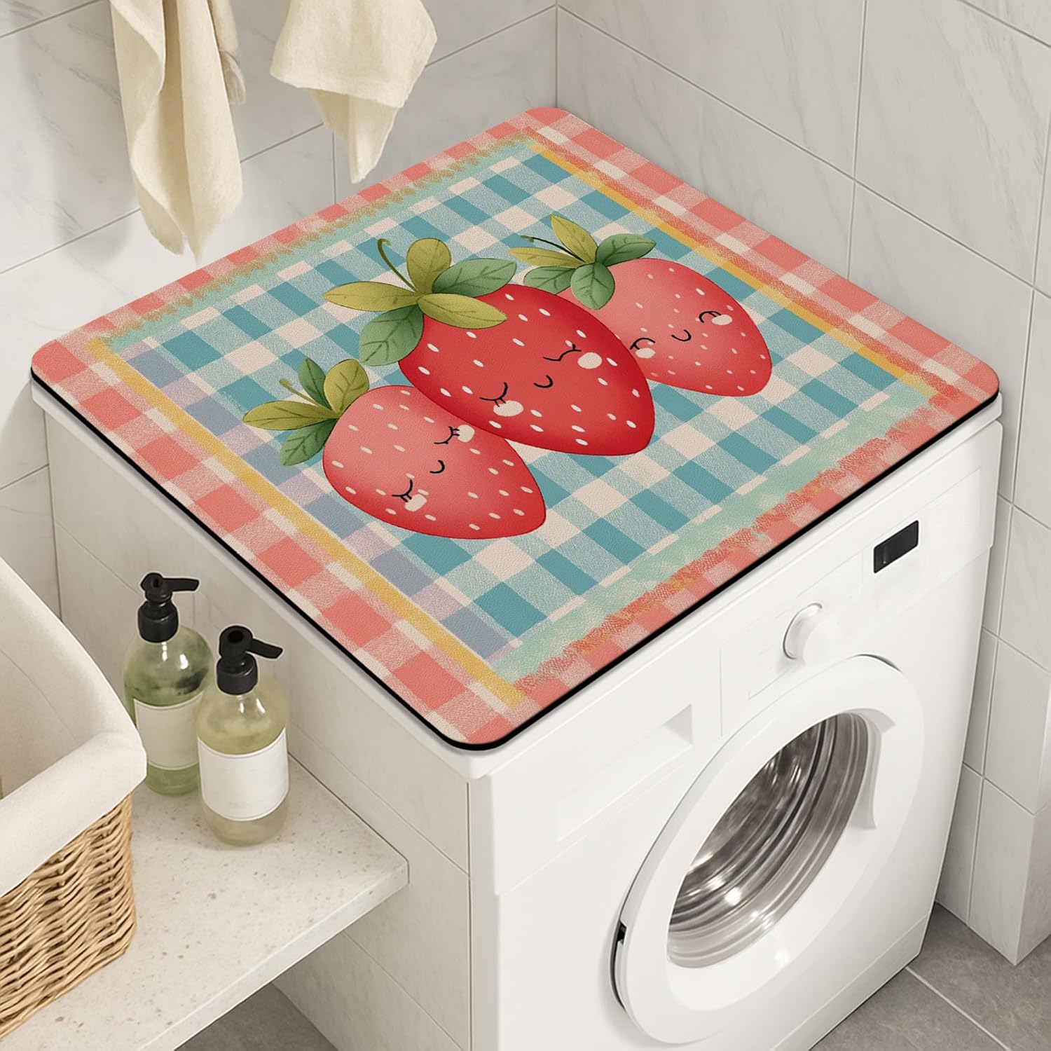 Cute Strawberry Washer Dryer Top Protector Mat, Cute Fruit Patterned Laundry Machine Dust Cover, Summer Rubber Anti-slip Waterproof Washer And Dryer Mats for Laundry Room 24x24 Inch