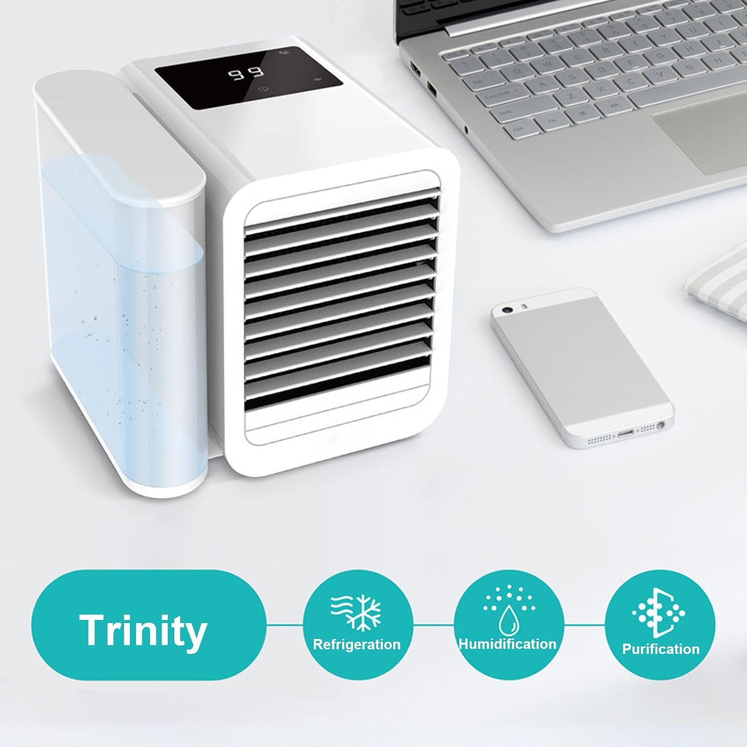 Desktop AC Unit, Portable Air Conditioner with Adjustable Wind Speed, USB Type C Interface, LED Touchscreen, Quiet Cooling Fan for Bedroom or Office