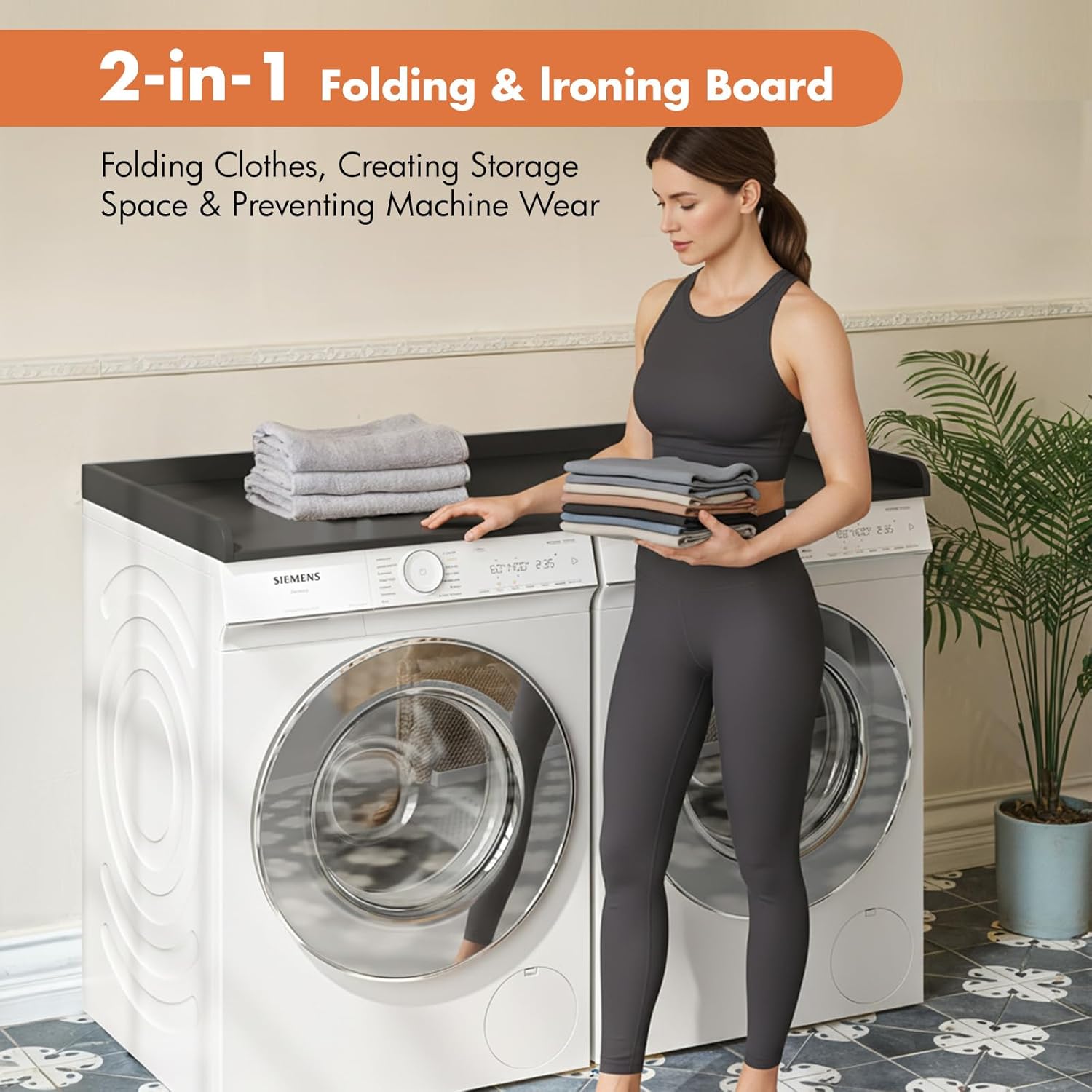 Premium Washer Dryer Countertop with Anti-Slip Pad, 54inch Laundry Room Organization Set, Stackable Storage Solution with Silicone Ironing Mat, Diatomite Mat(Black)