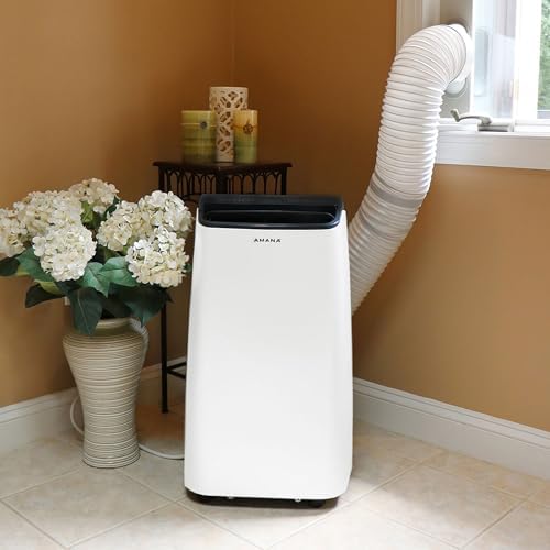Amana 10,000 BTU Portable Air Conditioner for Living Room, Bedroom, Basement, Kitchen, 115V, Cools up to 350 Sq.Ft. with Remote, 24H Timer, 3-Speed, LCD Display, Auto-Restart, Wheels, White/Black