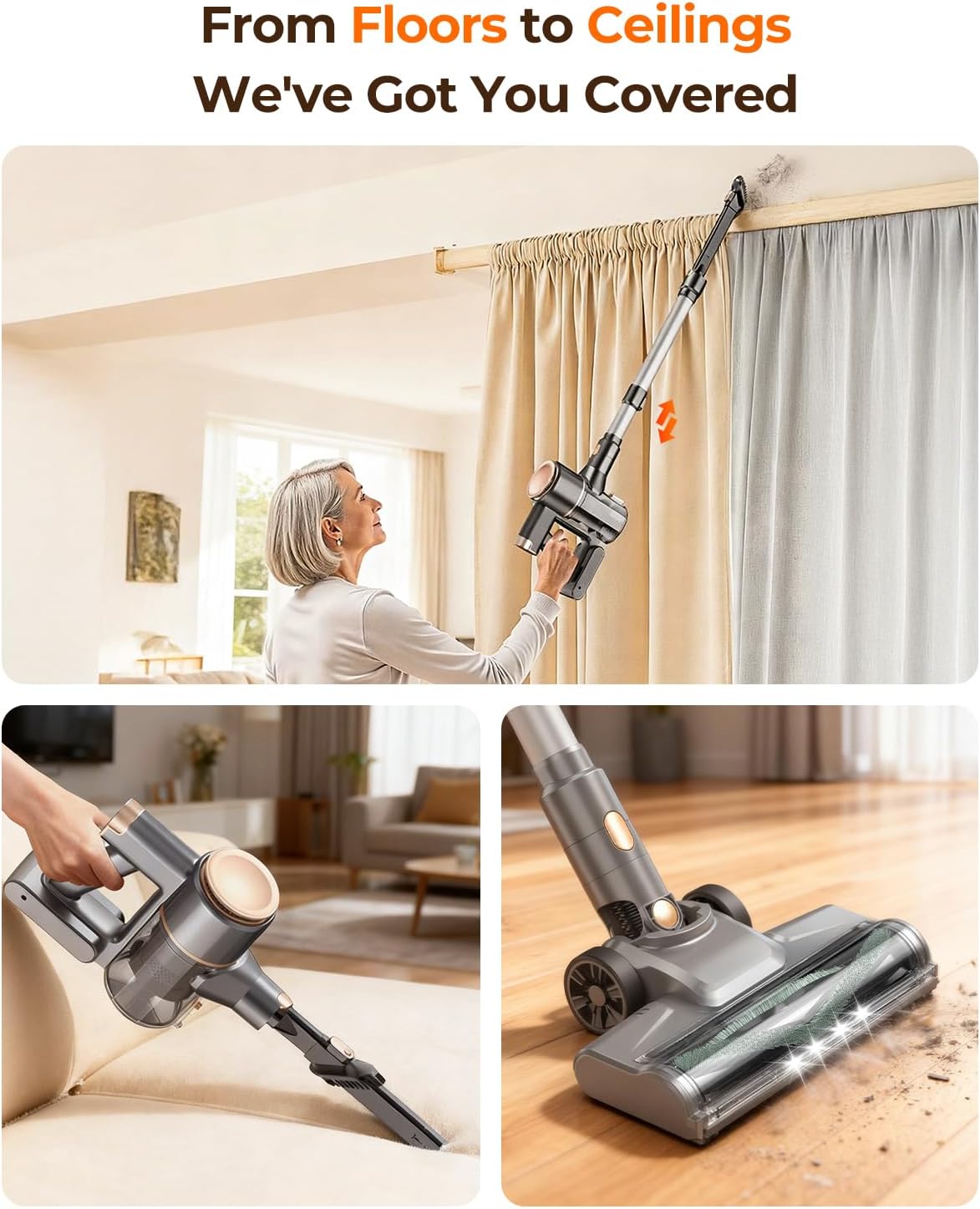 N8 Cordless Vacuum Cleaner,Lightweight Stick Vacuum with Powerful Suction,2200mAh Battery,40 Mins Runtime,Self-Standing,Rechargeable Vacuum Cleaners for Home Hardwood Floor Carpet Pet Hair (Gold)