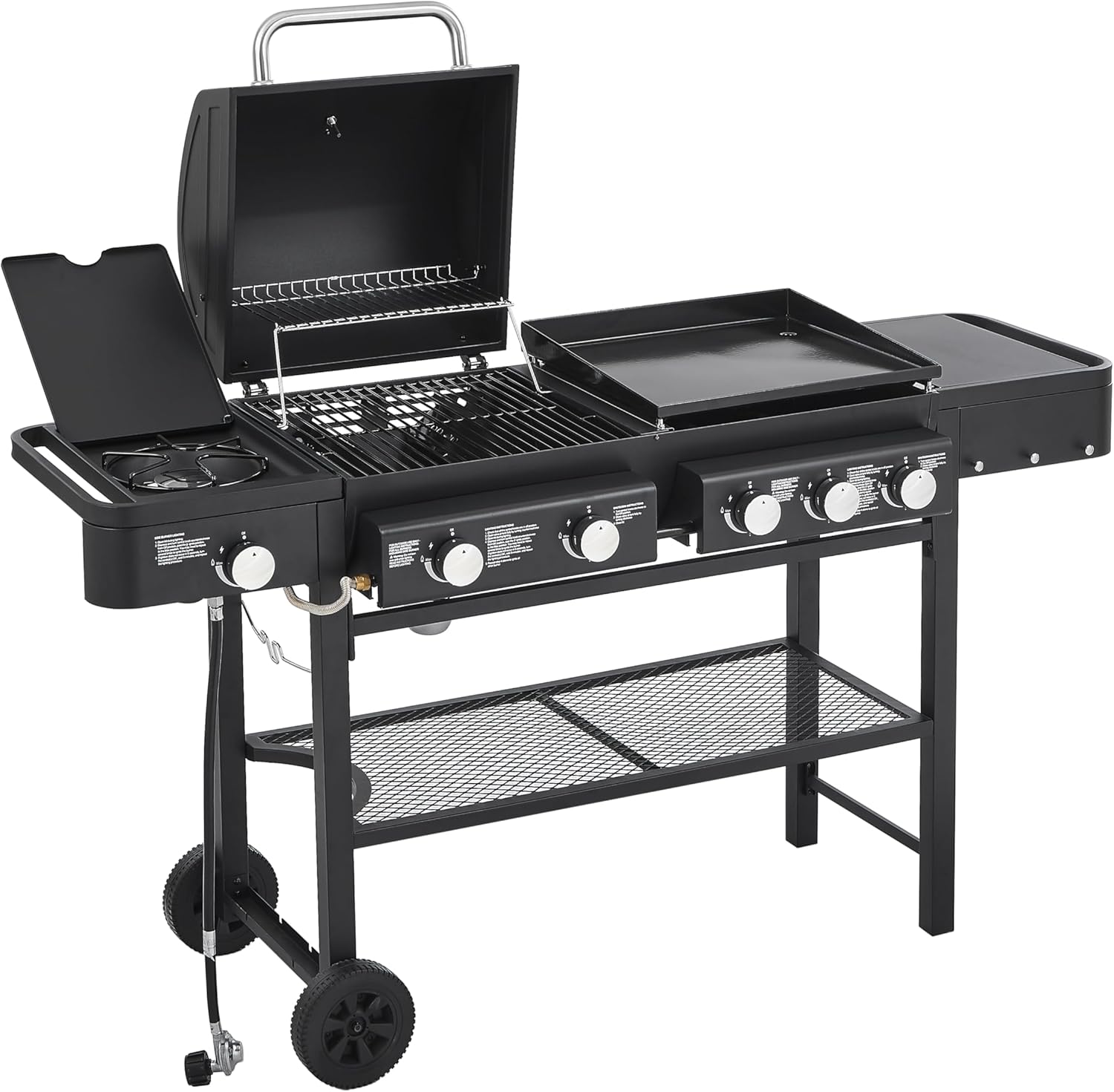5-Burner Propane Gas Grill with Flat Griddle, 751 Sq Inch Cooking Area 56000 BTU, All-in-One Outdoor BBQ Grill with Side Burner & Wheels for Backyard Patio