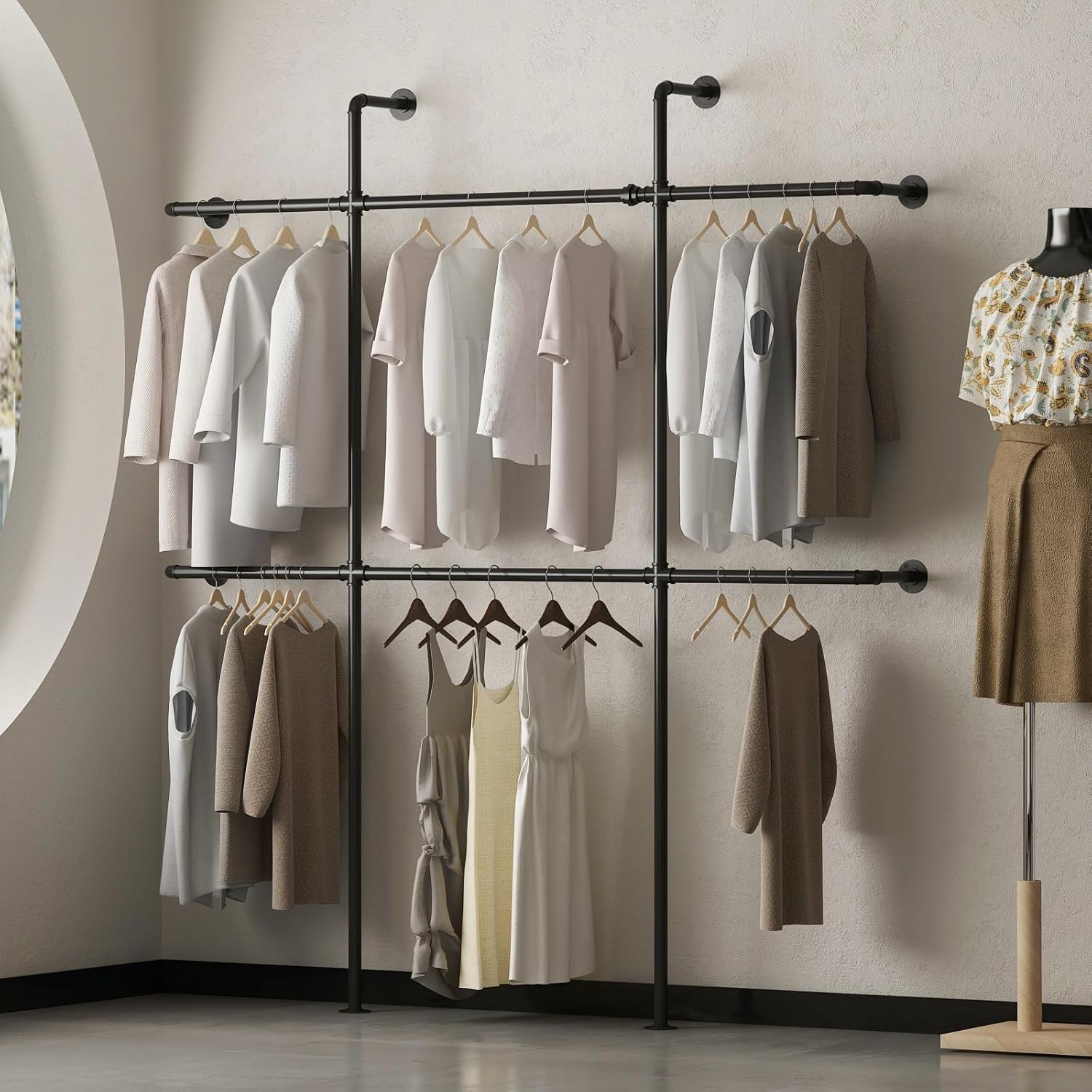 Industrial Pipe Clothing Rack Wall Mount, Black Pipe Clothes Rack with 6 Hanging Rods, Heavy Duty Pipe Clothing Rack for Laundry Room, Closet Systems for Walk in Closets