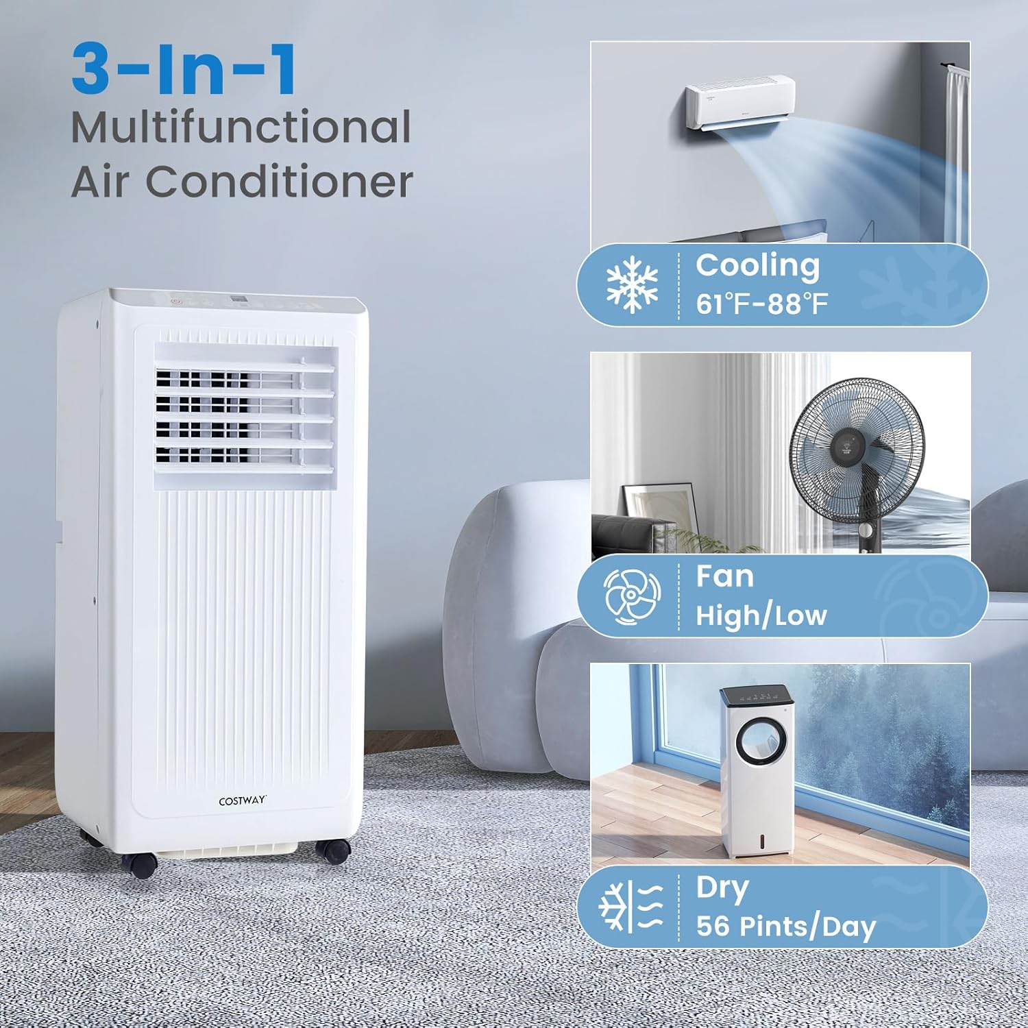 COSTWAY Portable Air Conditioner, 10000 BTU Air Conditioner with Remote Control, Digital Display, Installation Kit, Sleep Mode, 24H Timer, AC Unit for Bedrooms Up to 350 Sq.Ft, White (10000 BTU)