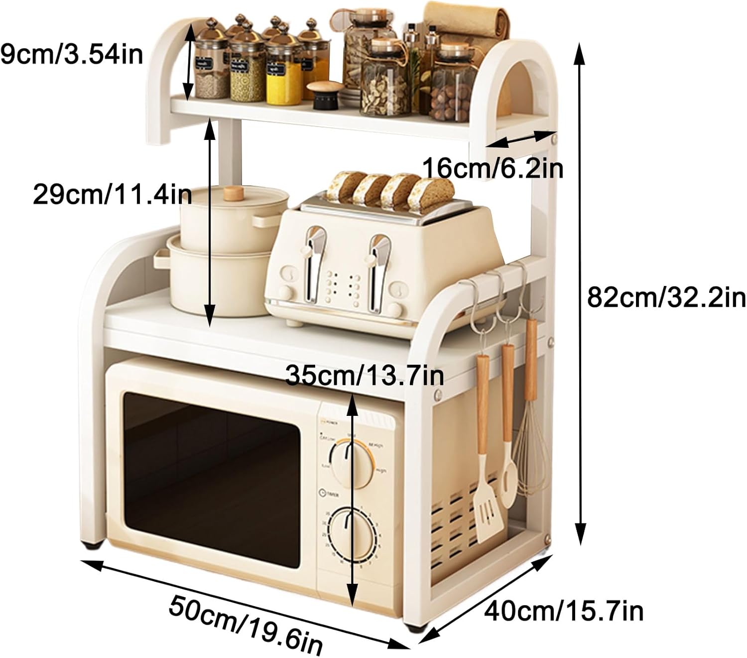 2-Tier Multifunctional Microwave Ovens Countertop, Stand Kitchen Storage Shelf Organizer, Kitchen Storage Organiser Cabinet, with 3 Hooks Kitchen Tableware Storage Shelf (Color : White, Size : 60 * 4