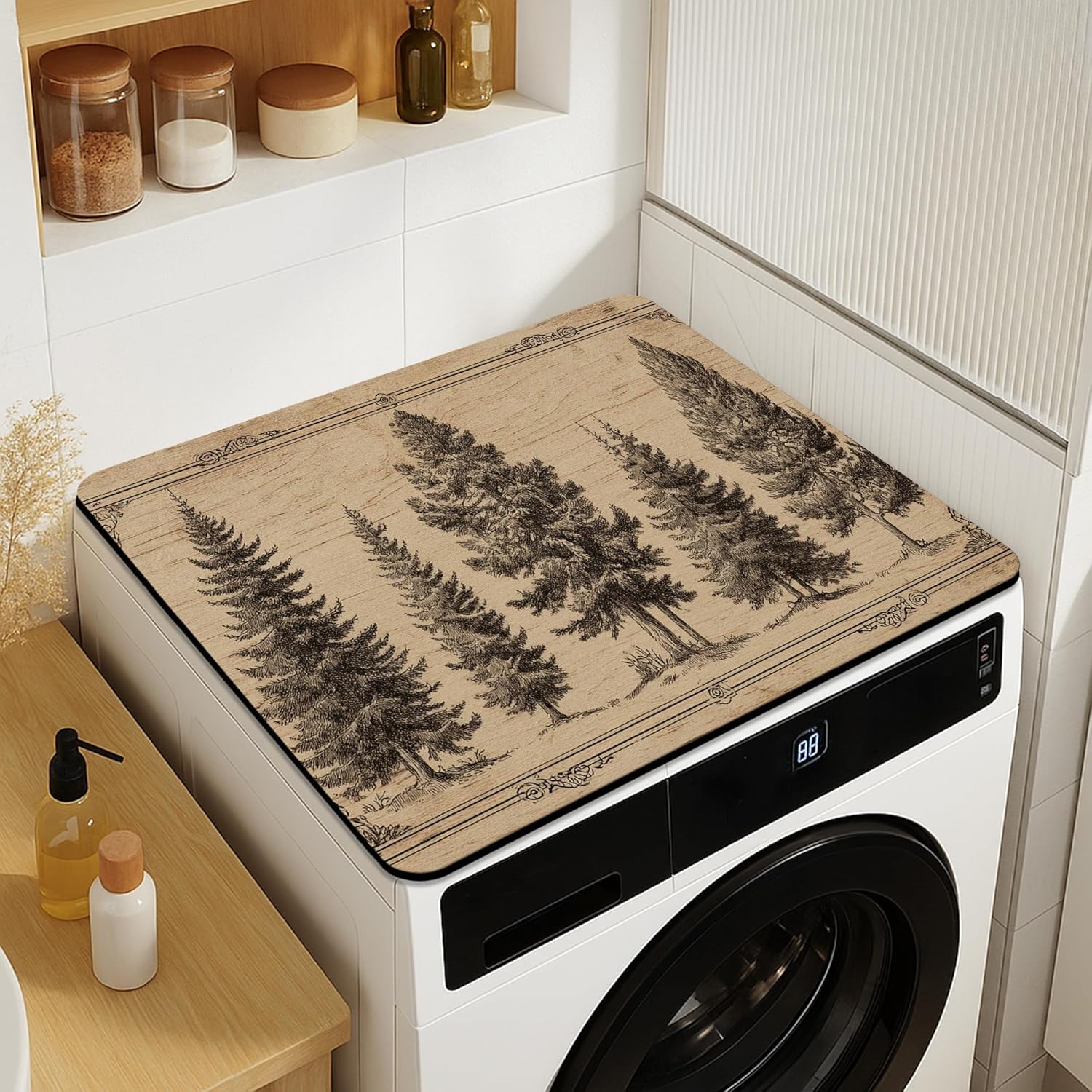 Tree Design Washer Dryer Top Protector Mat, Rustic Vintage Laundry Machine Dust Covers, Eco-friendly Rubber Anti-slip Waterproof Washer and Dryer Mats for Home 20x24 Inch