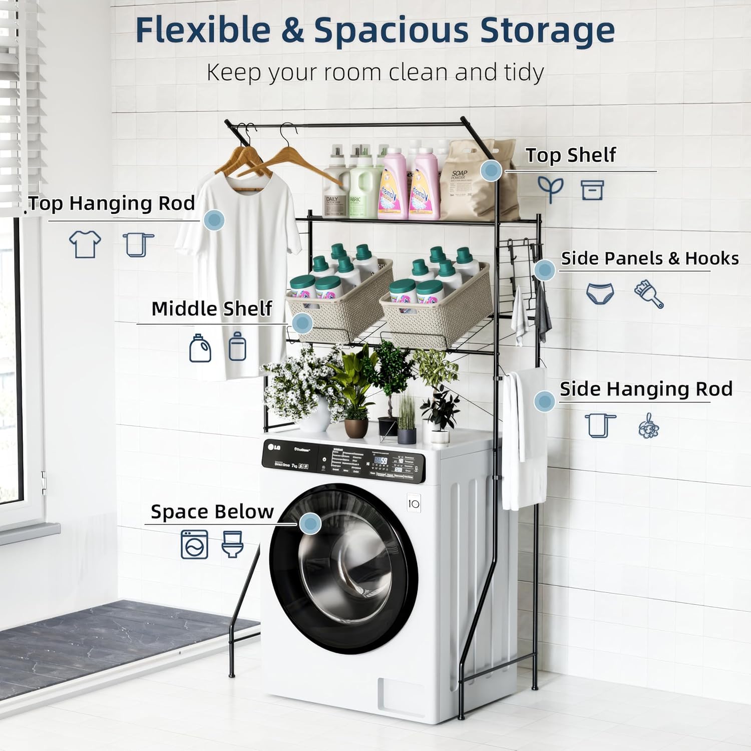 Laundry Room Storage Shelf, 2 Tier Metal Over Washer and Dryer Shelves, Washing Machine Shelf with Hanger Rods & Hooks, Expandable Bathroom Space Saver Shelf, 26–36.8