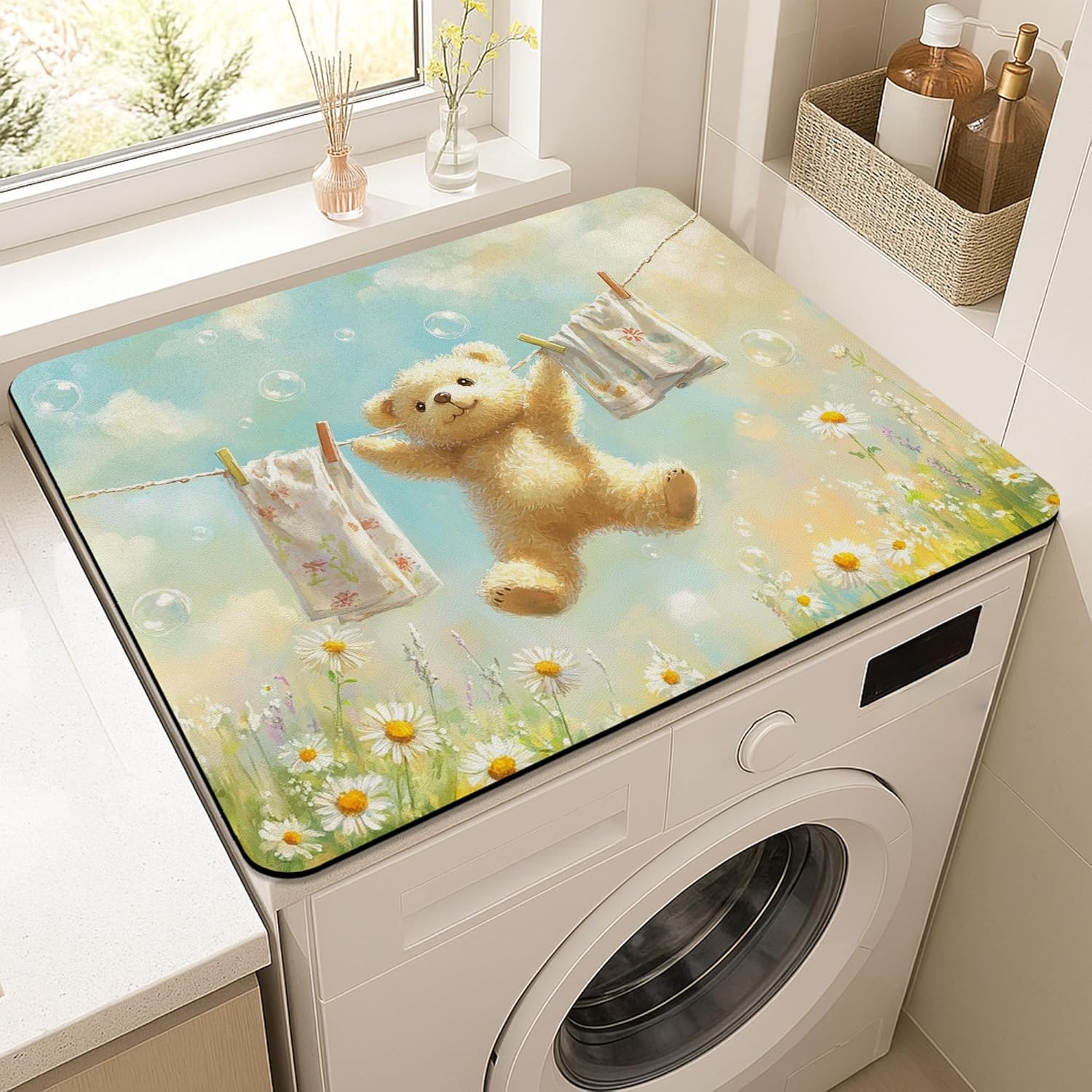 Cute Bear Washer Dryer Top Protector Mat, Fanciful Soft Toy Laundry Machine Dust Covers, Floral Rubber Anti-slip Waterproof Washer And Dryer Mats for Laundry Room 20x24 Inch