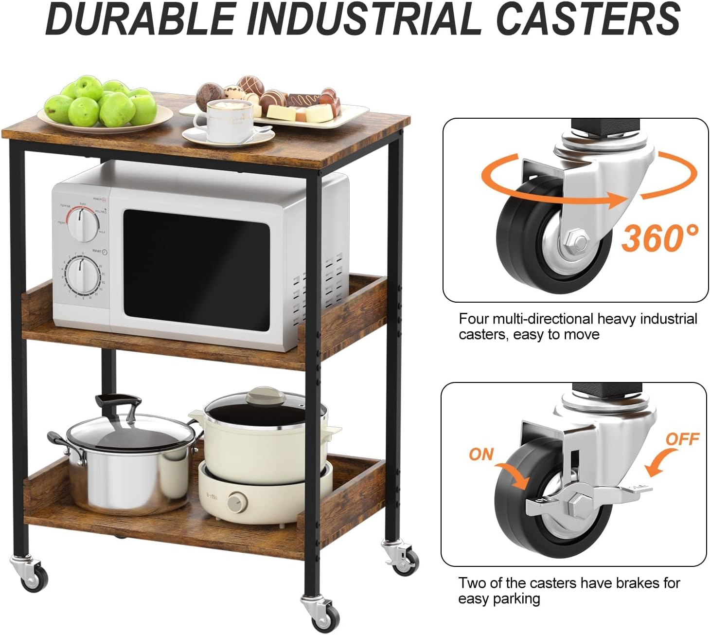 ASTARTH Kitchen Microwave Cart, 3 Tier Rolling Utility Cart on Wheels Coffee Cart, Storage Islands for Living and Kitchen Room