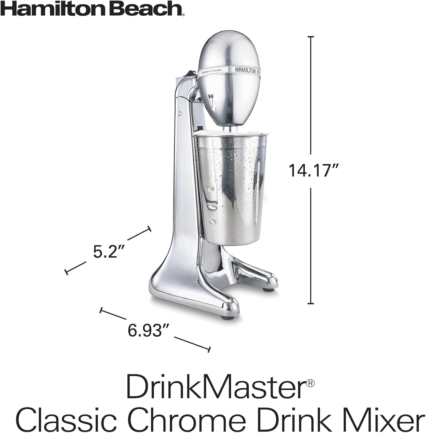 Hamilton Beach DrinkMaster Electric Drink Mixer, Retro Milkshake Maker & Milk Frother, 2 Speeds, Extra-Large 28 oz. Stainless Steel Cup, Classic Chrome