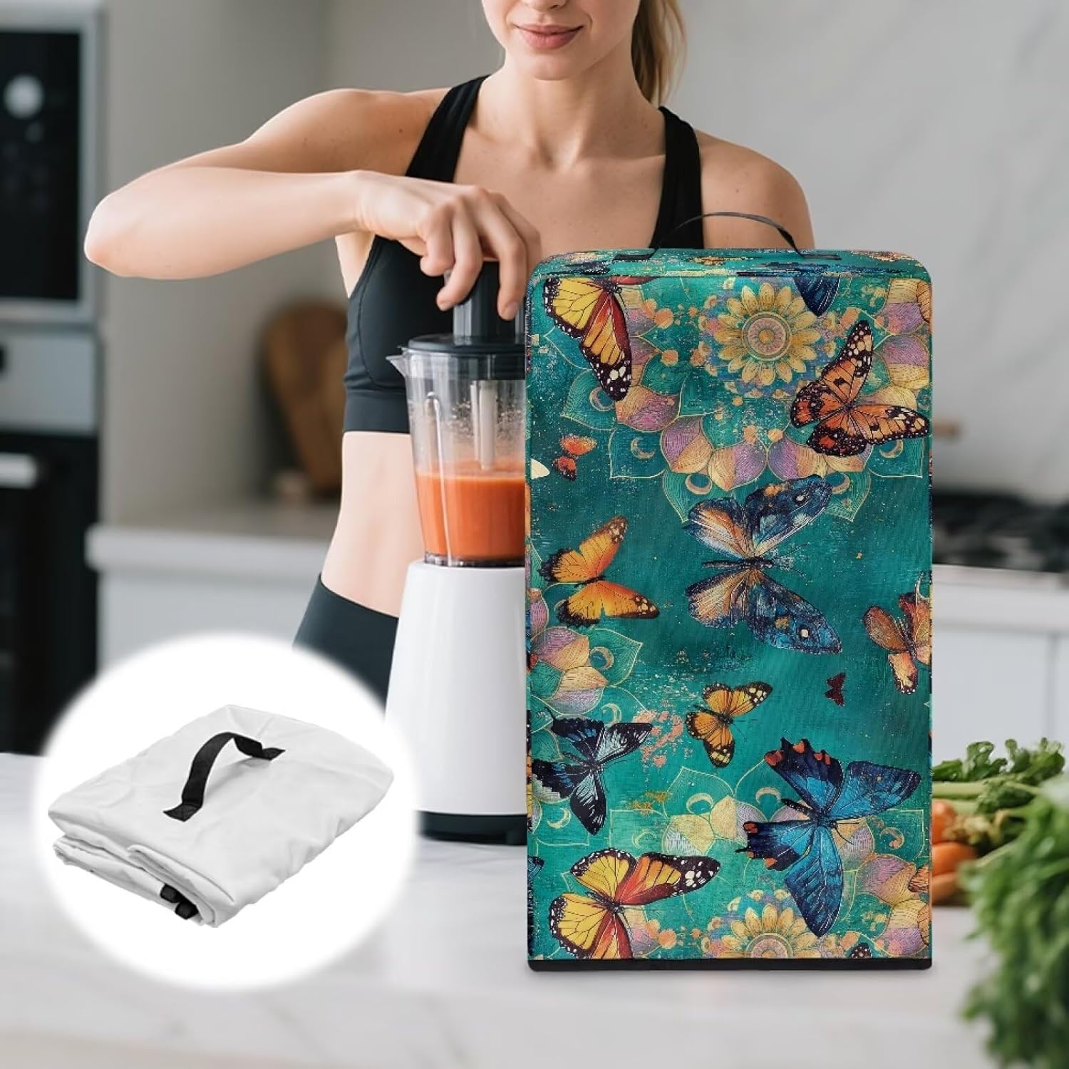 Retro Butterflies Kitchen Appliance Covers – Blender Dust Cover with Floral Prints, Fits Most Juicers & Stand Mixers, Foldable & Machine Washable, Home Kitchen