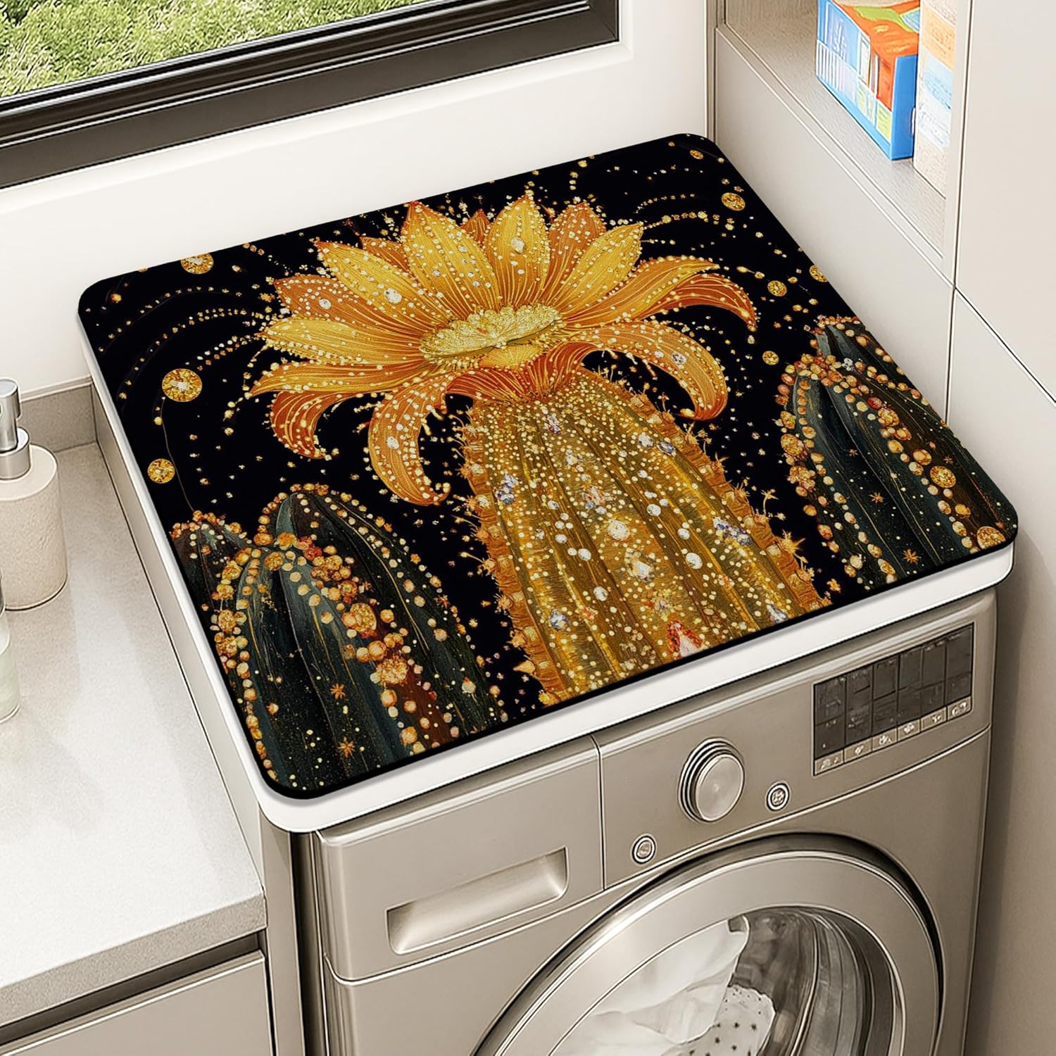 Cactus Washer Dryer Top Protector Mat, Vibrant Desert Floral Laundry Machine Dust Covers, Spring Rubber Anti-slip Waterproof Washer And Dryer Mats for Laundry Room 24x24 Inch