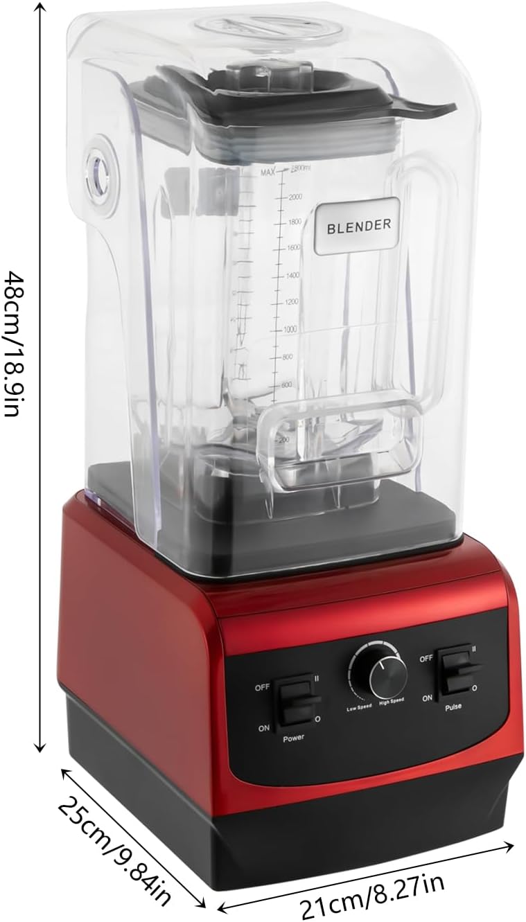 Professional Smoothie Machine 2.2L/74.4oz Commercial Blender for Smoothies & Frozen Drinks with Stainless Steel Blades And Soundproof Cover Stand Mixer for Restaurant Bar Party (Red)