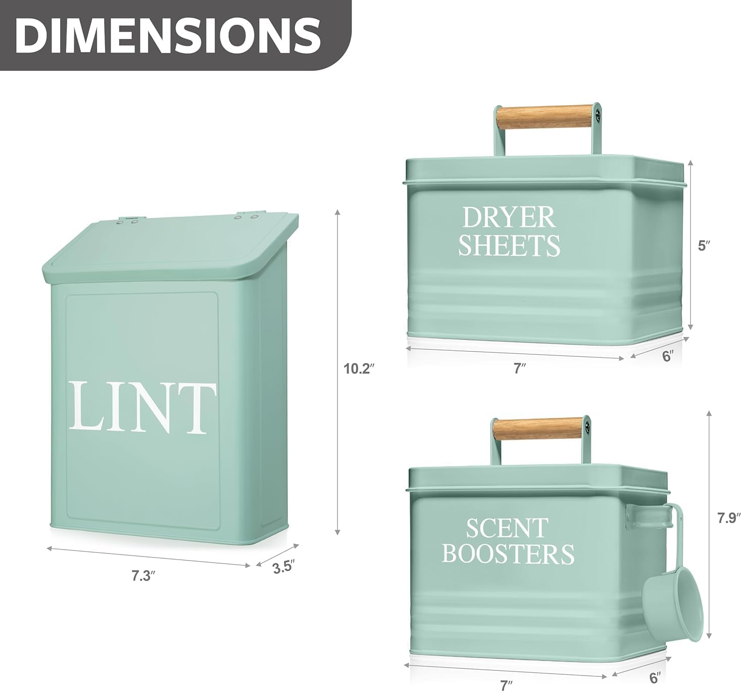 Calindiana Modern Farmhouse Lint Bin, Dryer Sheets Holder and Scent Boosters Container Bundle for Laundry Room Organization and Storage, Laundry Room Decor, Mint