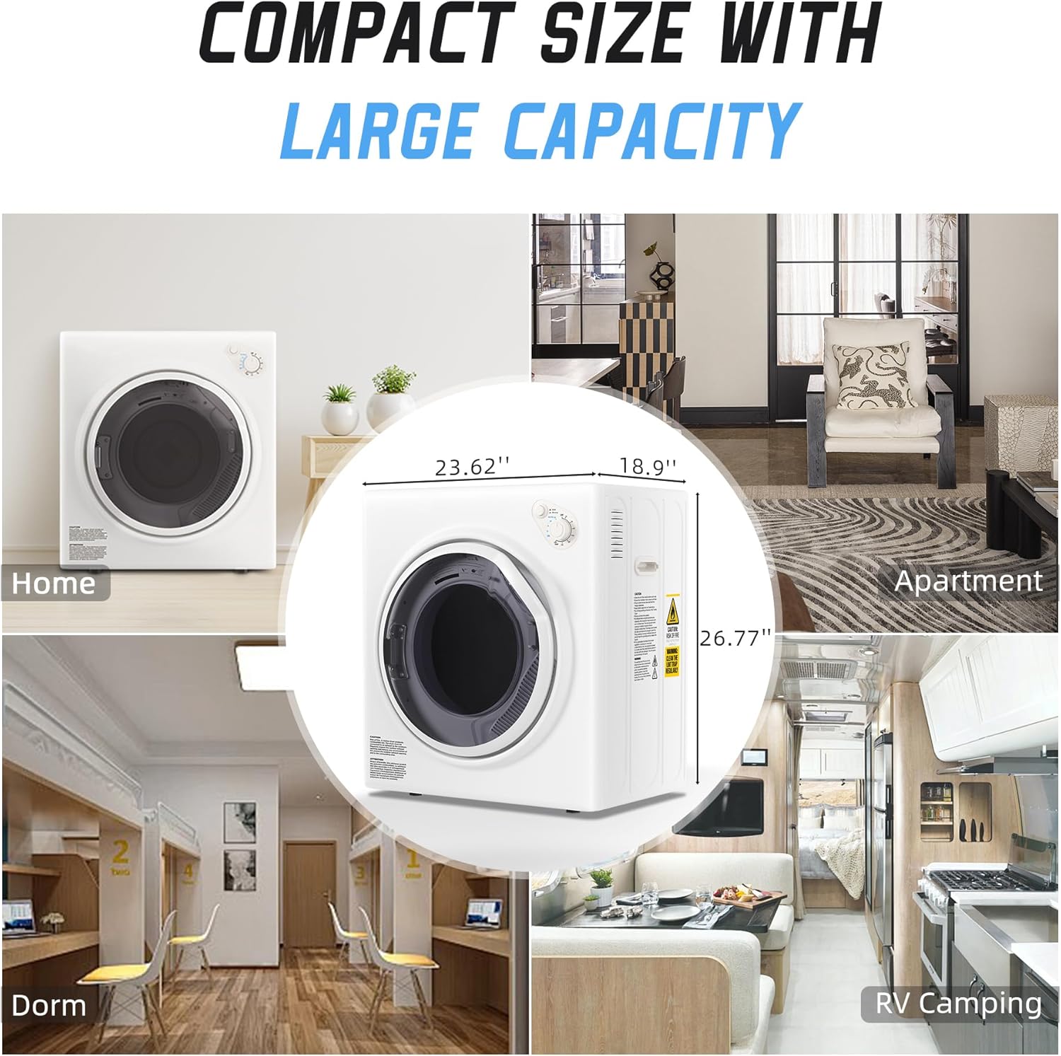 Elevon 1500W Portable Clothes Dryer, 3.5 cu.ft Electric Drying Machine for Laundry with Stainless Steel Tub for Apartment, Rvs, Dorms, Compact Dryer for Small Space, Black/White