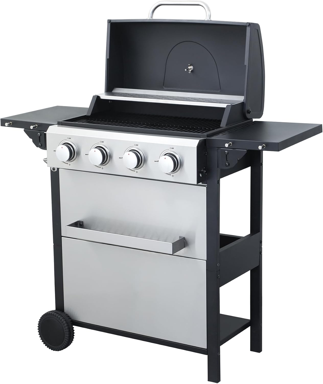 4-Burner Propane Gas Grill, 34,200 BTU, Stainless Steel Burners, Porcelain-Enamel Cooking Grids, Foldable Side Table, Built-In Thermometer & Wheels