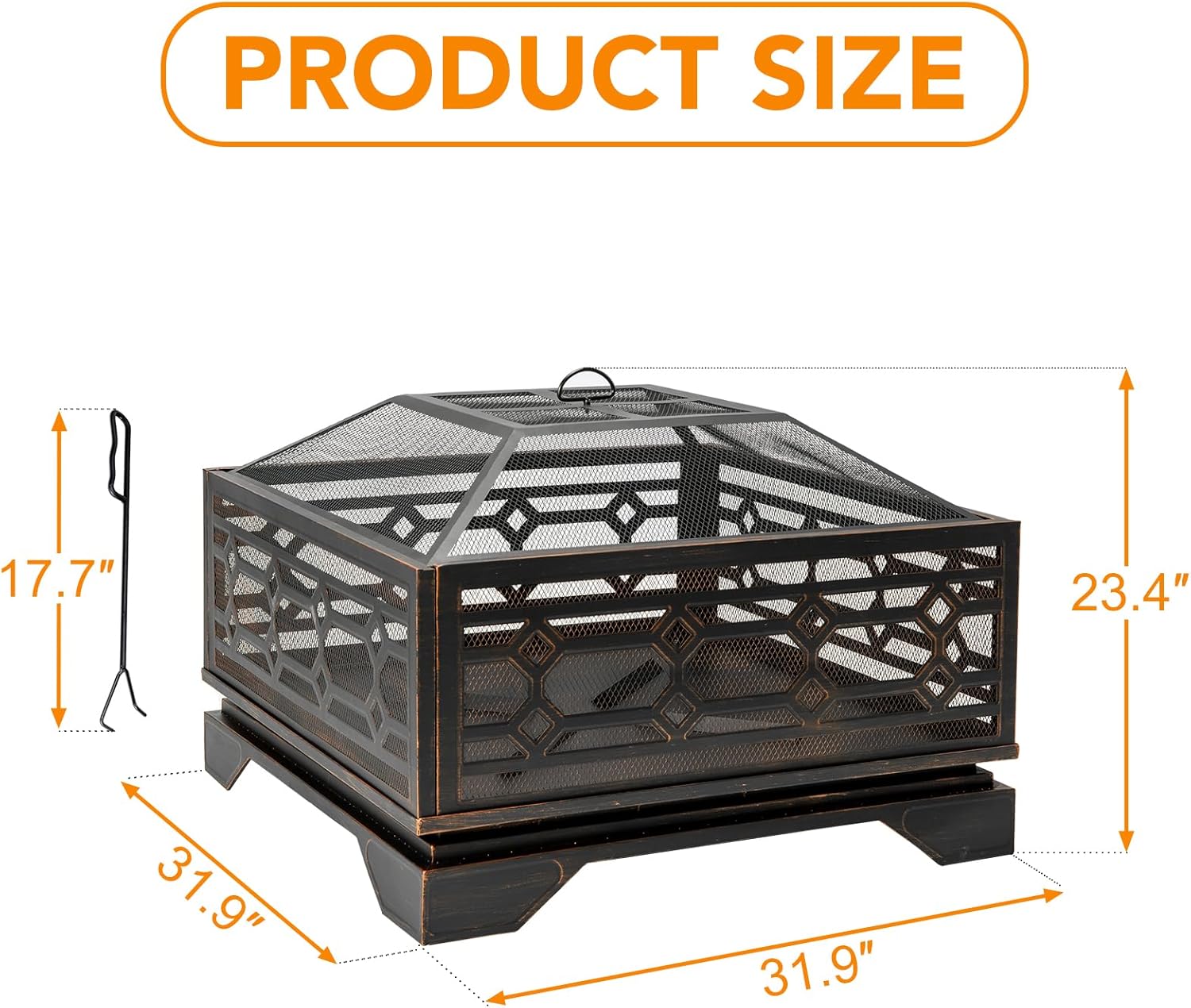 Outdoor Fire Pit, 32 Inch Wood Burning Firepit for Outside with Mesh Cover & Fire Poker, Large Square Metal Fireplace for Patio, Backyard, Garden, Bonfire Party
