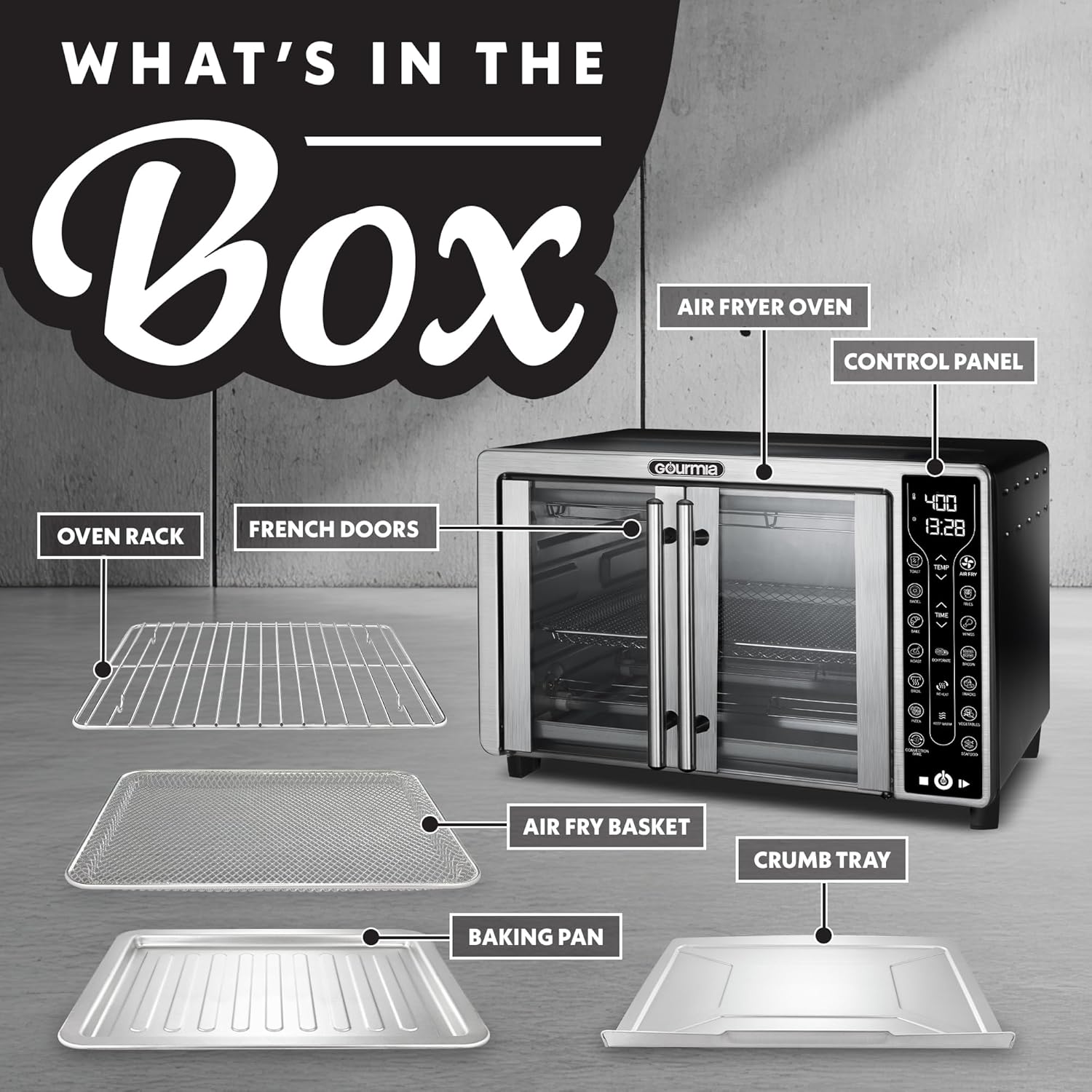 Gourmia French Door Air Fryer – 25 Qt Large Capacity Convection Oven, Fryfroce 360°, Digital Display with 17 Cooking Presets, Bake, Toast, Roast, Dehydrate, Fits 12” Pizza