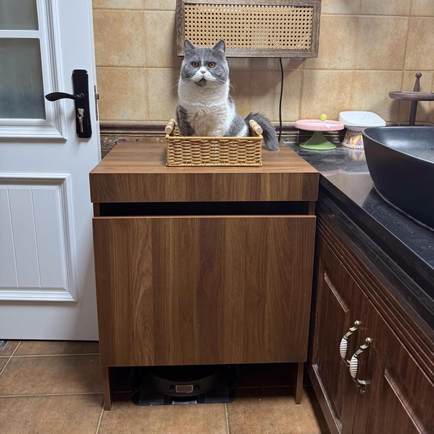 Robot Vacuum Hidden Cabinet Wood Organizer Stand for Robotic Vacuum Pull-Out Countertop Design Storage Cabinet Can Be Fixed on The Wall Easy to Assemble(Natural)