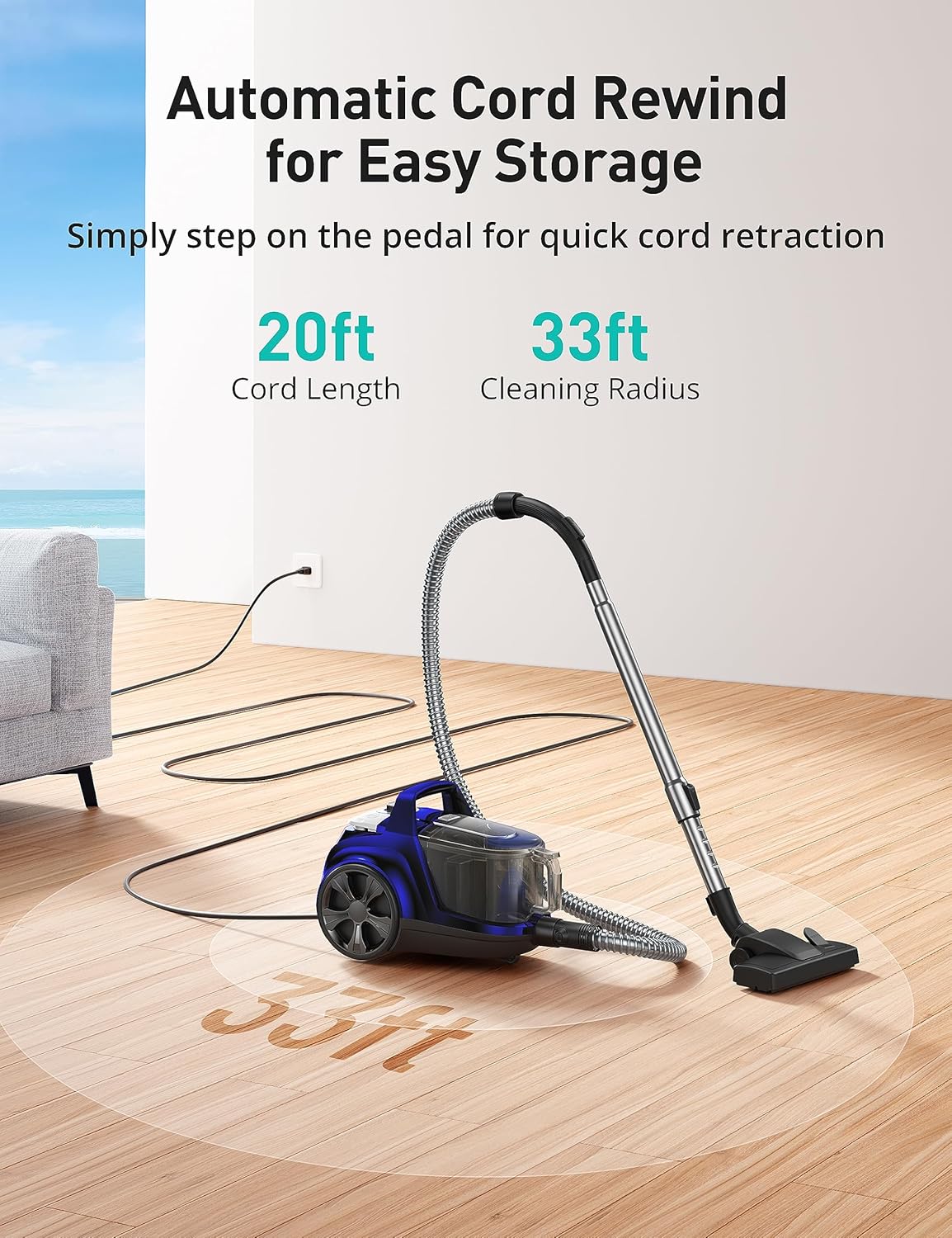 Aspiron Canister Vacuum Cleaner, Lightweight Bagless Vacuum Cleaner, 3.7QT Large Dust Cup, Automatic Cord Rewind, 5 Tools, HEPA Filter, Variable Speed Portable Vacuum for Hard Floors, Pet, Car, Blue