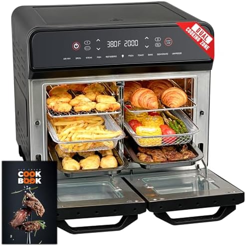 24Qt Dual Zone Air Fryer Oven with Rotisserie, Extra Large Double Air Fryers Mini Oven Digital 1800W 10 in 1 Airfryer Countertop Convection Toaster Oven Combo, Stainless Steel Inner, 360° Even Heating