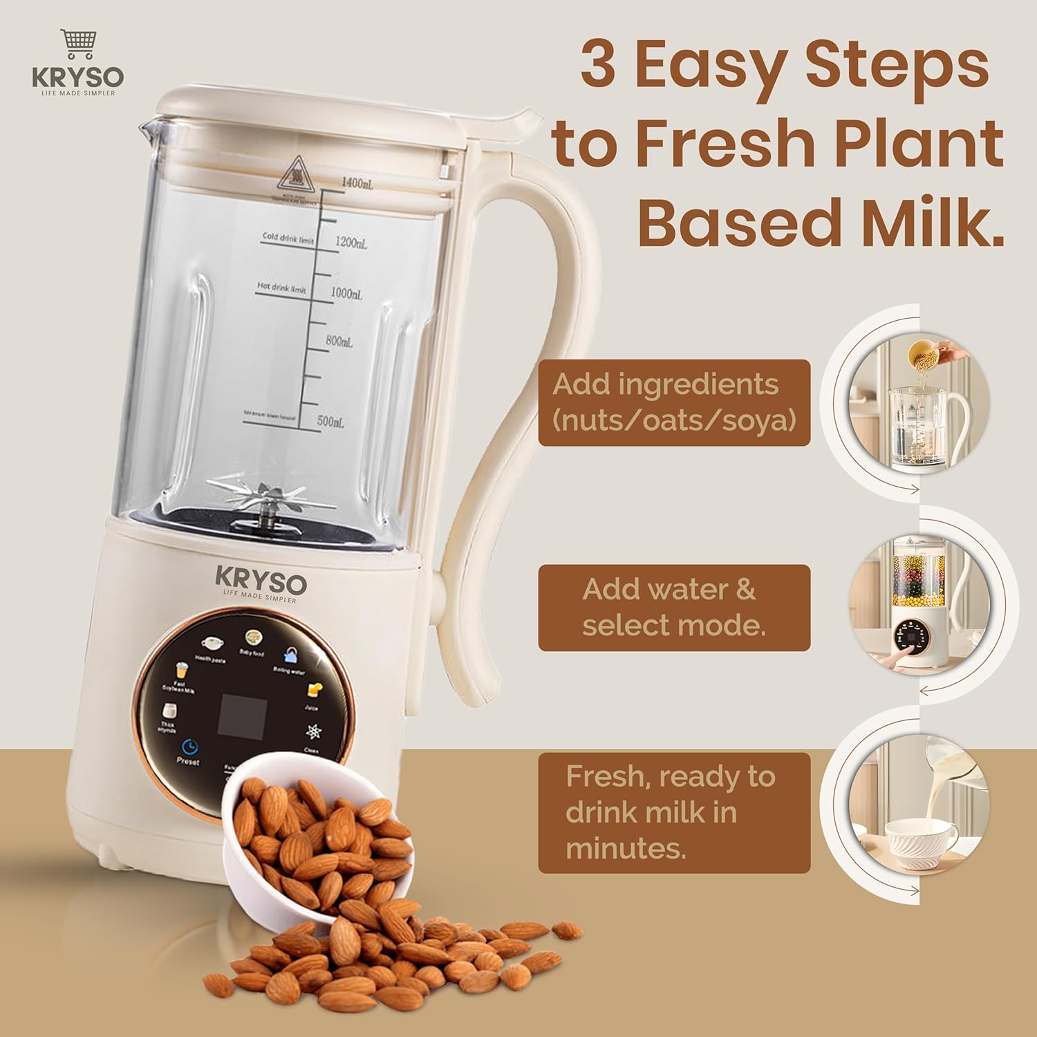 KRYSO 48OZ 8-in-1 Nut Milk Maker Machine, Automatic Kitchen Appliance with Milk Frother | Almond, Soy, Oat & Plant-Based Drinks | Self-Cleaning, Keep Warm, Juice & Soup Maker