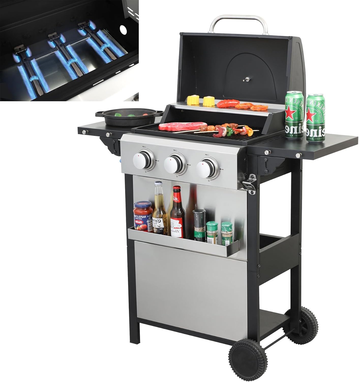 3 Burner Small Propane Gas Grill with Porcelain-Enameled Grates & Thermometer, Stainless Steel BBQ Grill 25650 BTU with Folding Side Tables for Outdoor Cooking Kitchen, Garden, Patio