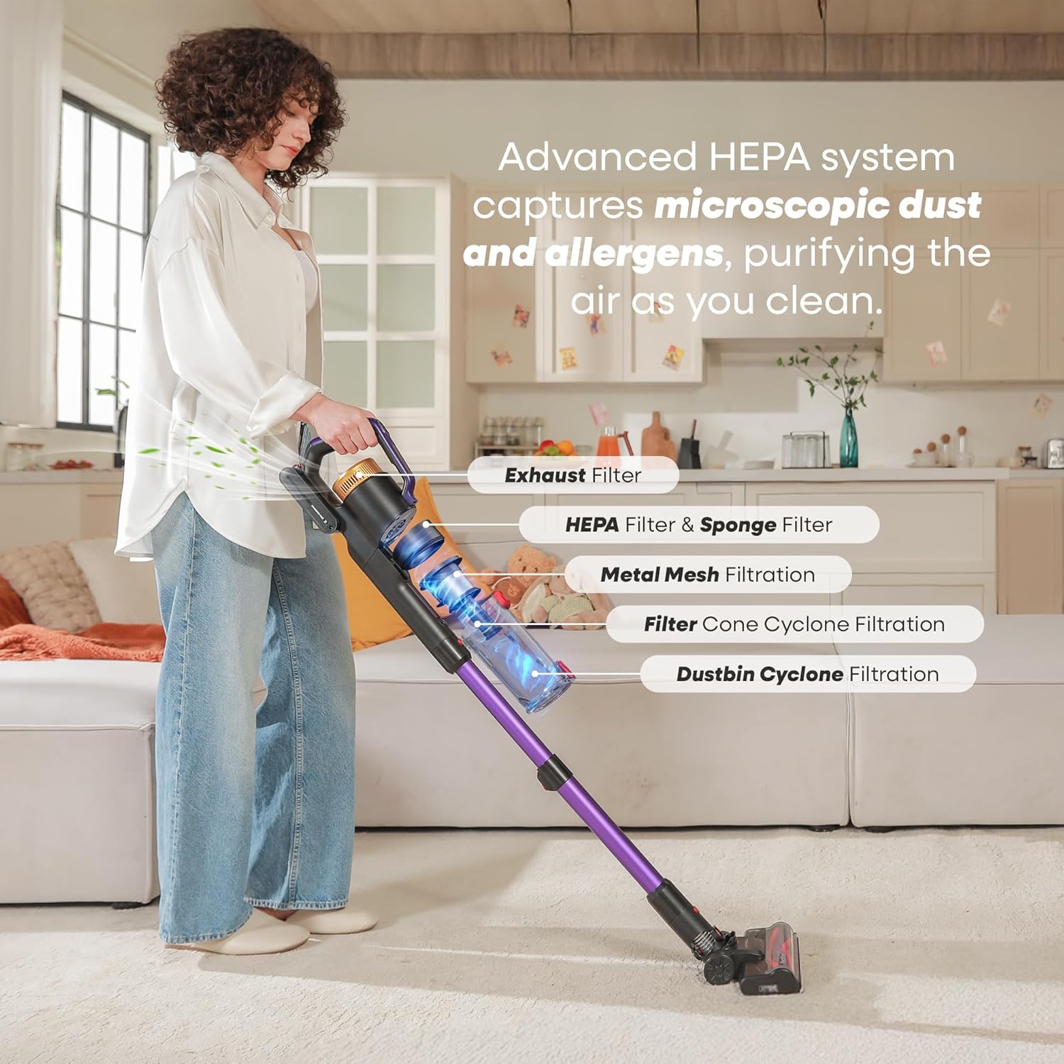 UNINELL HOME UV2 Cordless Vacuum Cleaner, 48000Pa/550W Vacuum Cleaners for Home, Lightweight Stick Vacuum with 65Mins Runtime, Self-Standing&Wall Mount Charging, Tangle-Resistant Vacuum for Pet Hair