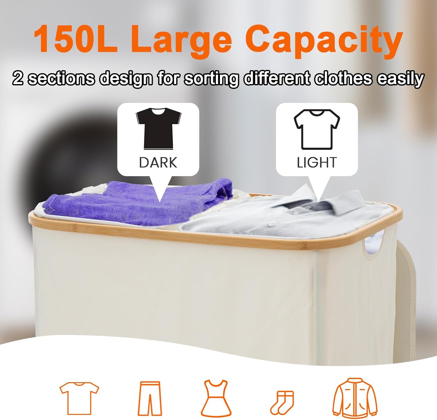 GARPROVM Double Laundry Hamper with Lid 150L Large Laundry Basket with Bamboo Handles Foldable Clothes Hampers with 2 Removable Liner Bags for Laundry for Bedroom Bathroom Dorm Laundry Room (Beige)