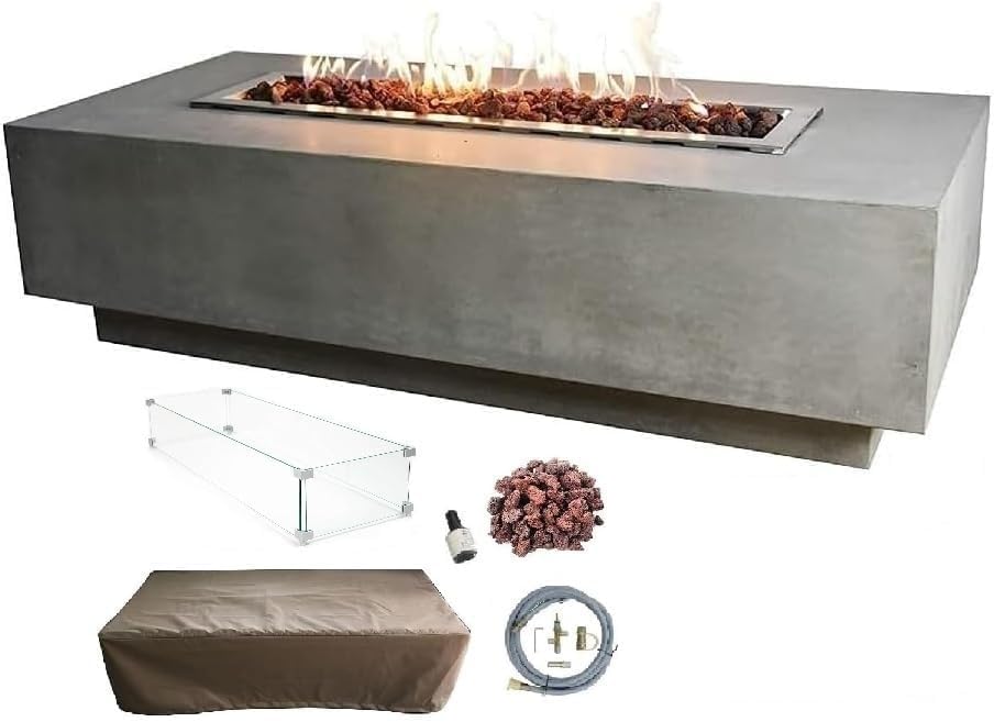 Elementi Granville Gas Fire Pit Cast Concrete Fire Table, Outdoor Fire Pit Electronic Ignition | Canvas Cover, Lava Rock Included | Free AMS Wind Guard | Light Gray (Natural Gas)