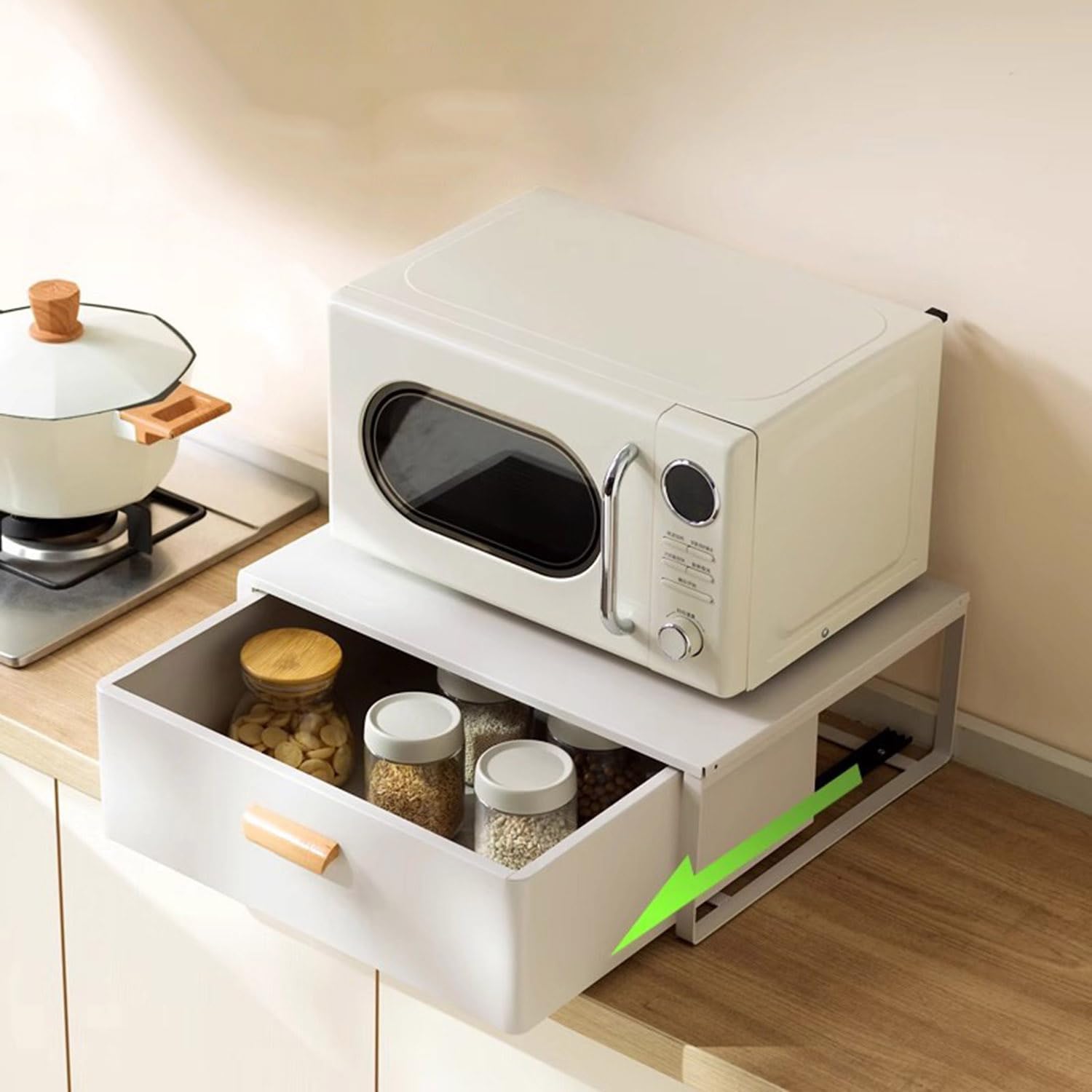 Steel Microwave Stand with Pull-Out Drawers, Countertop Organizer for Compact Microwaves, Coffee Station & Kitchen Appliance Storage, White (15.8in)