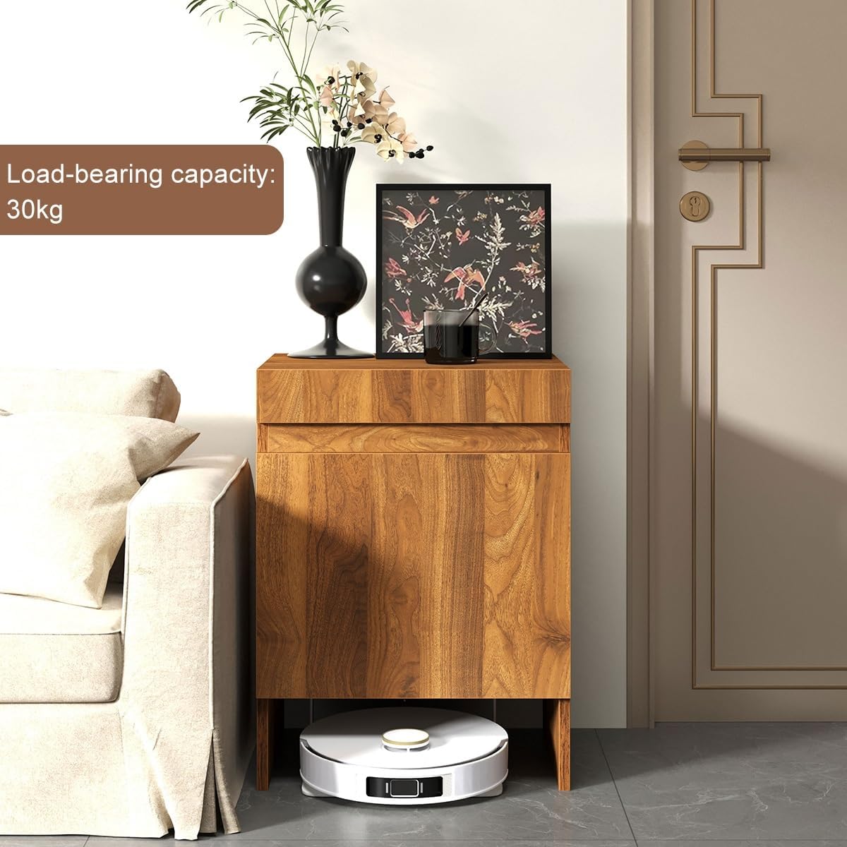Robot Vacuum Stand Cabinet,Storage Cabinet with Doors for Robot Vacuum Cleaner,End Side Table for Home Office,Wood Freestanding Rack for Living Room Home Office Kitchen(Brown)