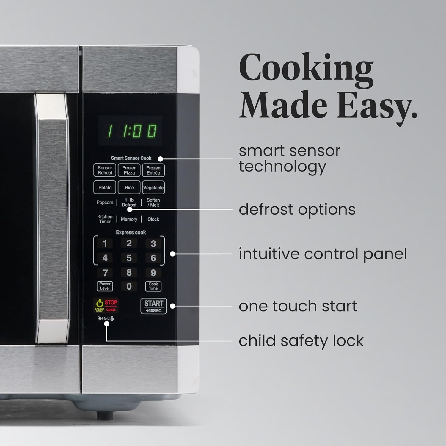 Farberware 1.6 Cu. Ft. Countertop Microwave Oven – 1100 Watts Power, Smart Sensor Auto Cook Settings, Defrost, Easy Clean and Child Safety Lock - Stainless