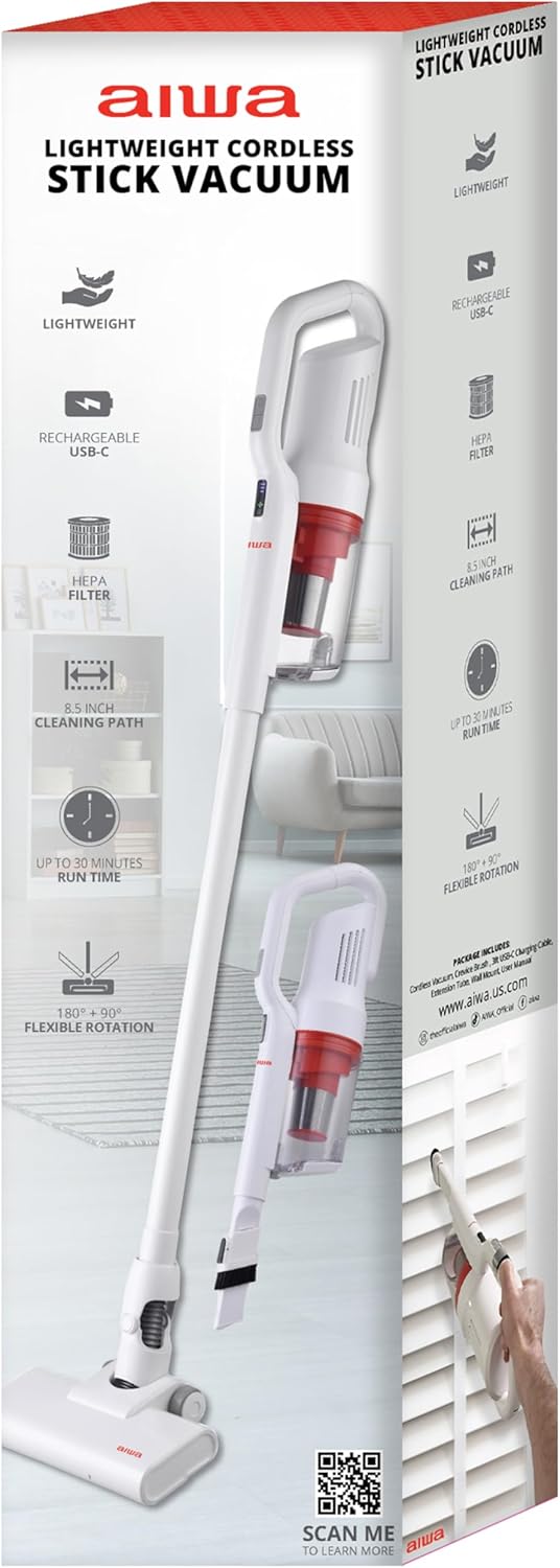 Aiwa Cordless Vacuum Cleaner, 2200mAh Rechargeable Battery Powered Stick Vacuum, up to 30 Minutes, Lightweight, Washable HEPA Filter, 20 oz Dust Bin, 2-Speed, for Carpet, Hardwood Floors & Pet Hair