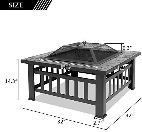 32 Inch Heavy Duty 3 in 1 Metal Square Patio Firepit Table BBQ Garden Oven with Spark Screen Cover Wood Grate and Poker for Wood Burning and Beverage Cooling Outdoors Heating Supplies