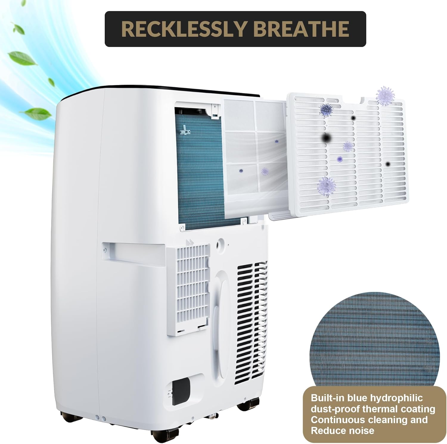 14,000 BTU Portable Air Conditioner with Built-in Dehumidifier & Remote Control – Quiet AC Unit Cools Rooms Up to 750 Sq Ft, Easy Mobility for Bedroom, Office, Apartment(Black cover)