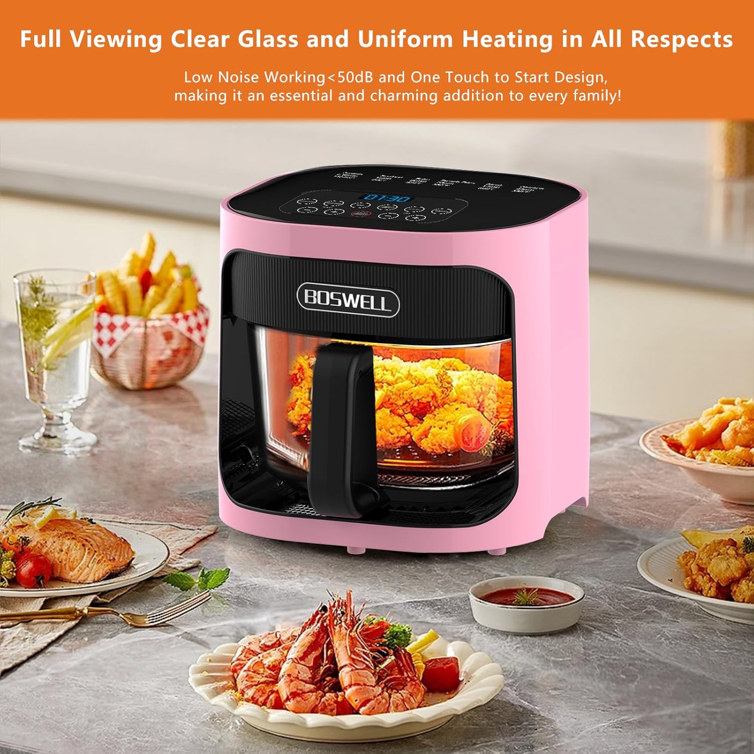 BOSWELL 6 in 1 Glass Air Fryer,4.5QT Air Fryer with Transparent Glass Pot,Circulating Air Heating, Bake, Broil, Air Fry, Temperature Control, Dishwasher Safe (Pink)