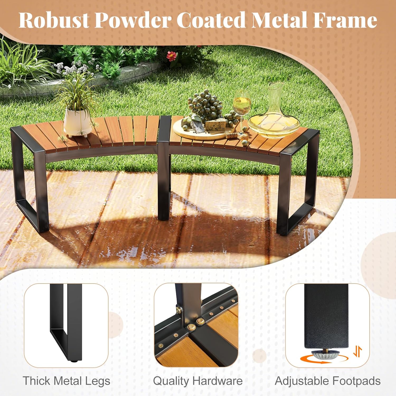 HAPPYGRILL Outdoor Curved Firepit Bench, Acacia Wood Firepit Bench with Metal Frame, Backless Loveseat for Patio, Porch, Garden, Deck, Yard, 800 LBS Max Load (4)