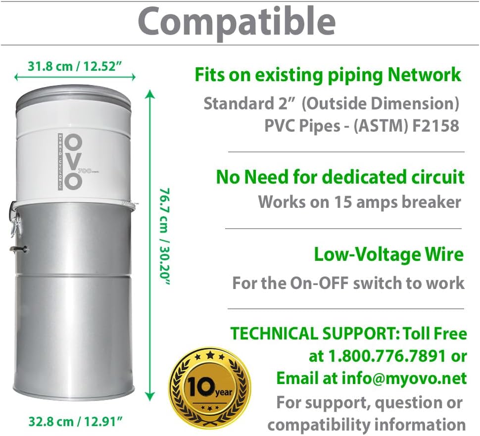 OVO Heavy Duty Powerful Central Vacuum System, Hybrid Filtration (with or Without Disposable Bags) 35L or 9.25Gal, 700 Airwatts with 35ft Carpet Deluxe Accessory Kit Included