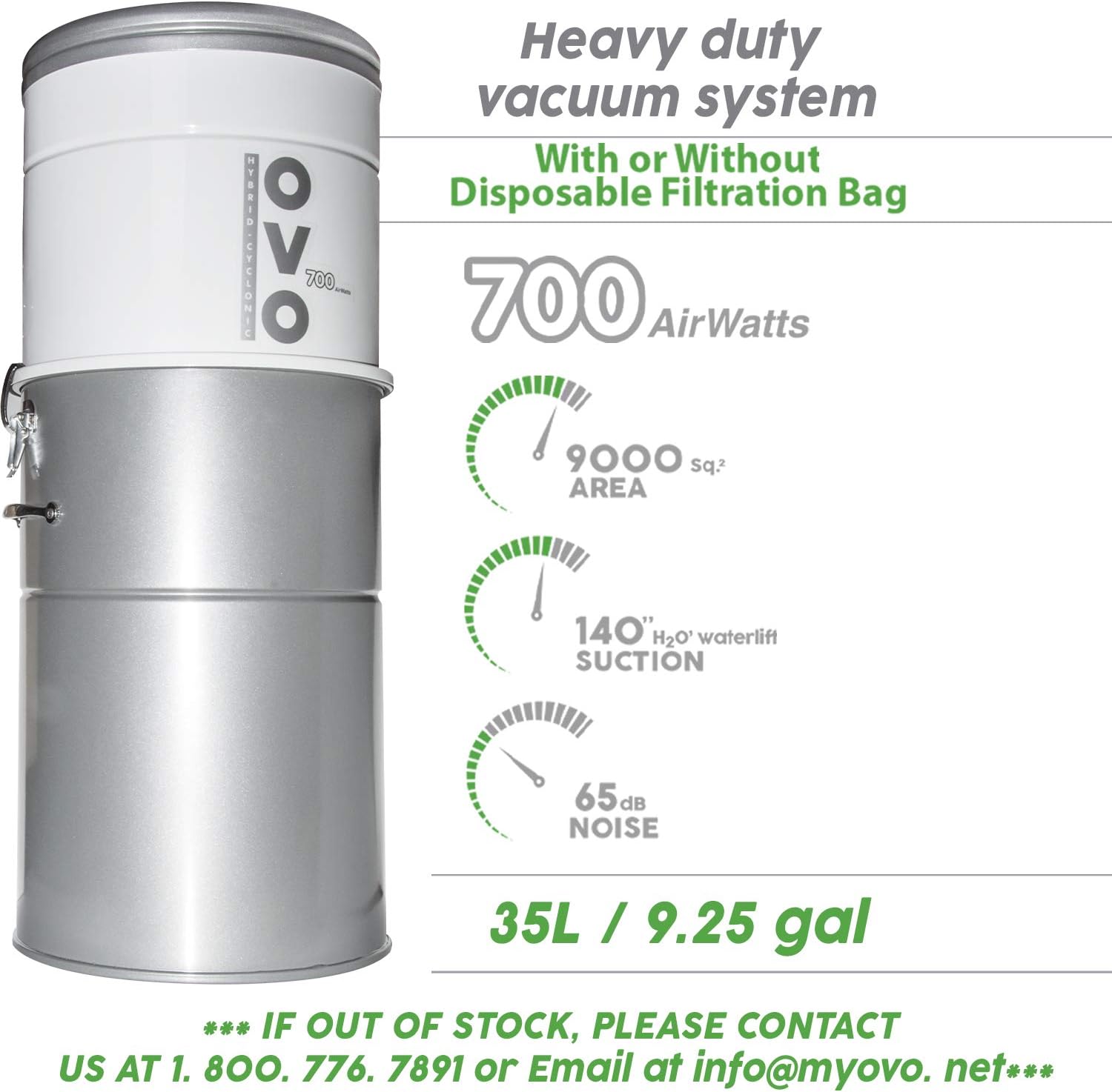 OVO Heavy Duty Powerful Central Vacuum System, Hybrid Filtration (with or Without Disposable Bags) 35L or 9.25Gal, 700 Air watts with 30ft Deluxe Accessory kit Included