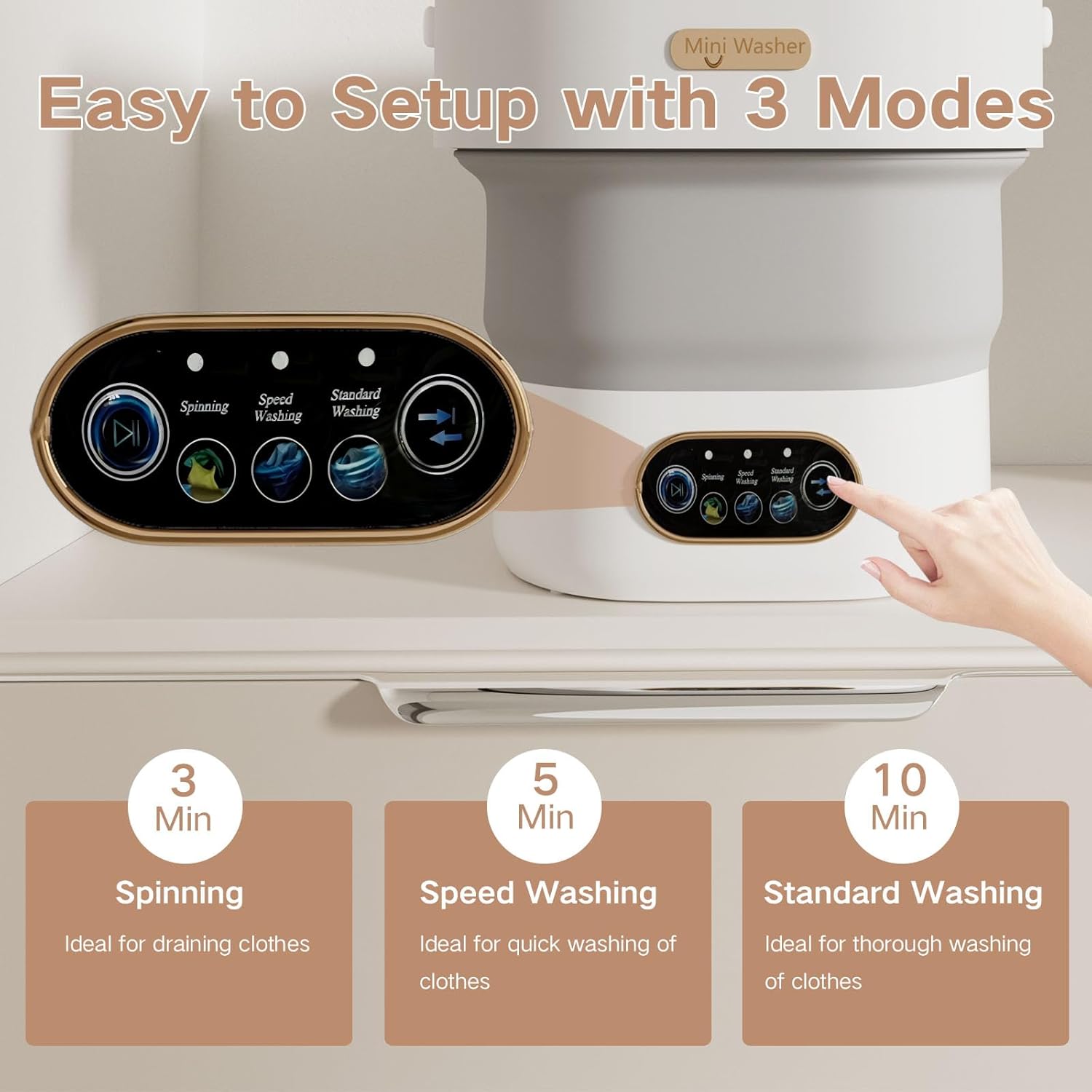 Portable Washing Machine, 15L Mini Collapsible Washer with 3 Cleaning Modes for Baby Clothes, Underwear, Small Foldable Laundry for Travel Apartment Home Dorm Hotel Camping (White+Grey)