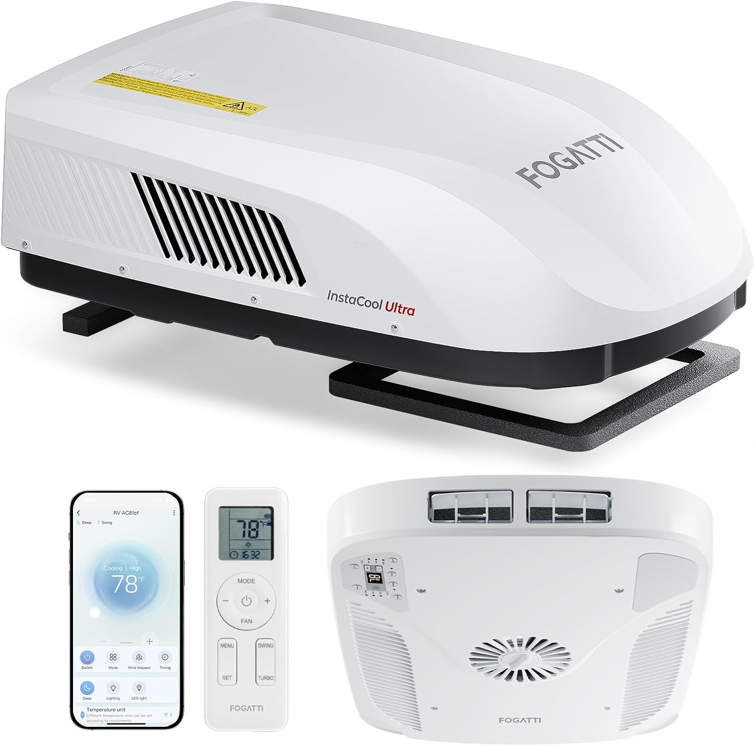 FOGATTI RV AC Unit 16K BTU, with heat pump and Cooling, with WiFi and Remote Control, Quiet AC, Low Profile Rooftop Air Conditioner RV Easy Install Non-Ducted, White, InstaCool Ultra