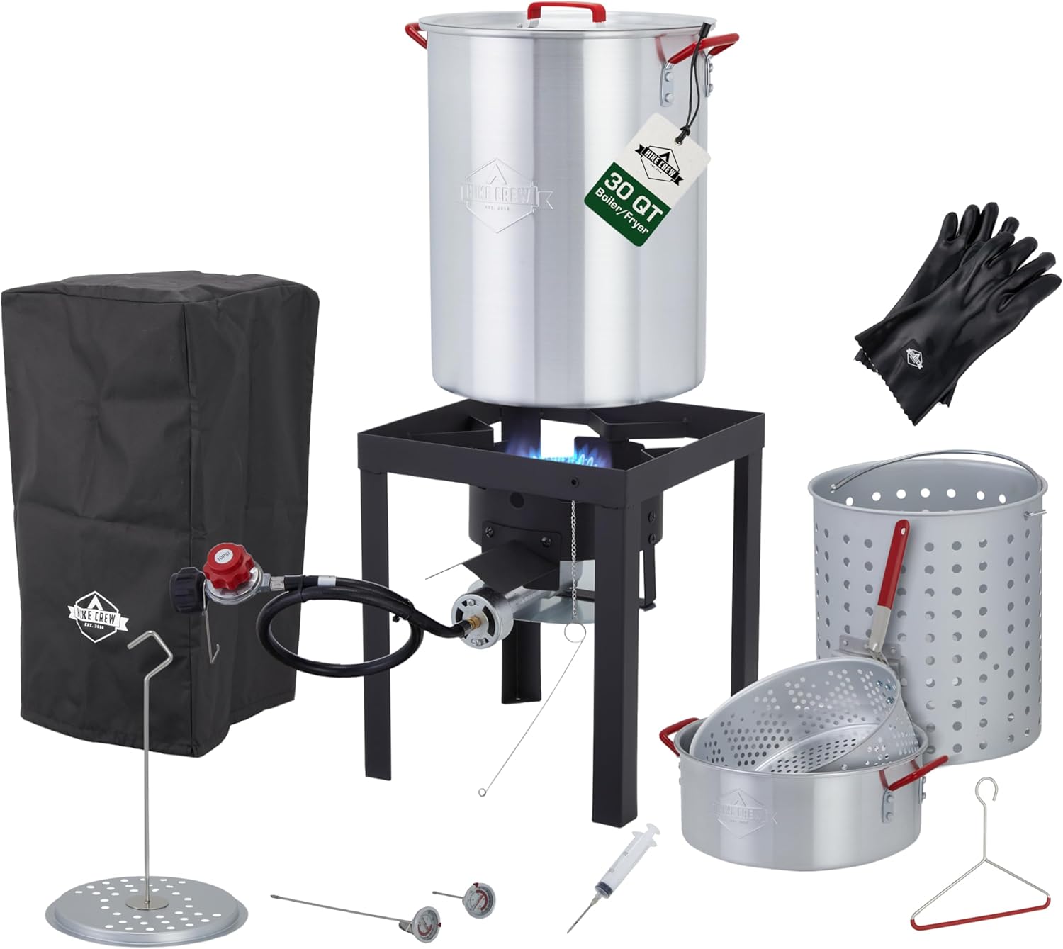 Hike Crew Outdoor Turkey Fryer Kit - Complete Kit for Steaming, Boiling & Frying with 30Qt Boiler Pot, 10Qt Fryer Pot, Fry Baskets, Stand, 2 Thermometers, Injector, Gloves, Storage Cover & More
