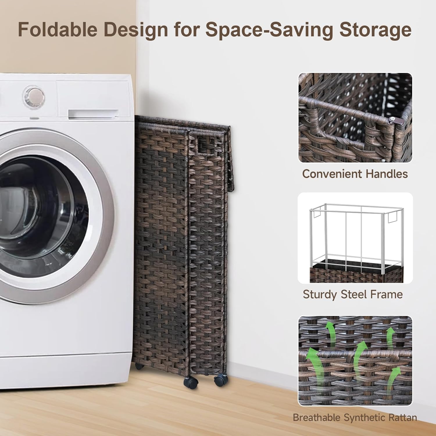 88L Slim Laundry Hamper with Wheels, 23.3 Gallon Rolling Laundry Basket with Lid, Tall and Narrow Laundry Hamper with 2 Removable Liner & 3 Mesh Bags, Laundry Sorter for Bathroom, Brown