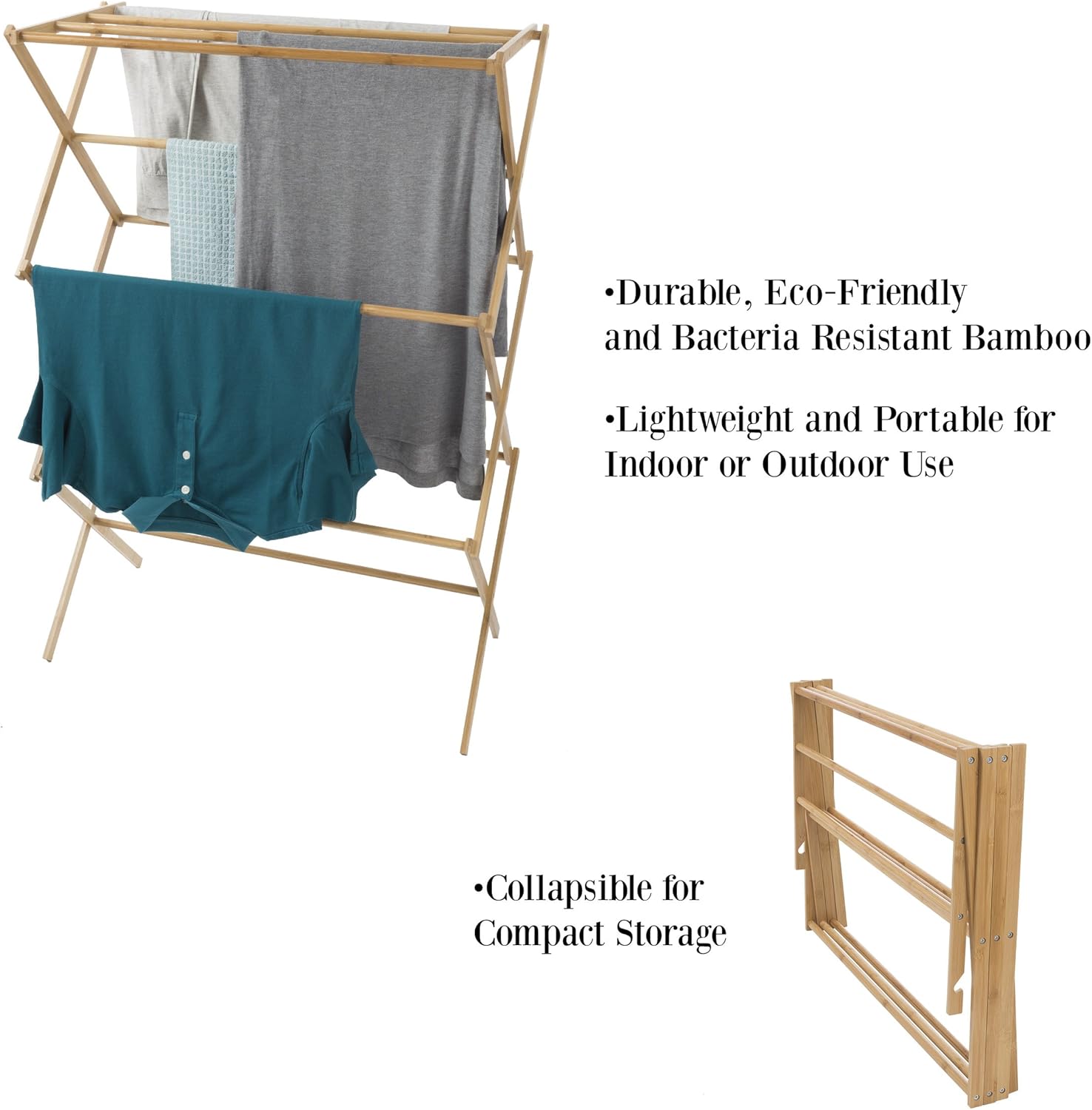 Bamboo Clothes Drying Rack - Collapsible and Compact for Indoor/Outdoor Use - Portable Wooden Rack for Hanging and Air-Drying Laundry by Lavish Home
