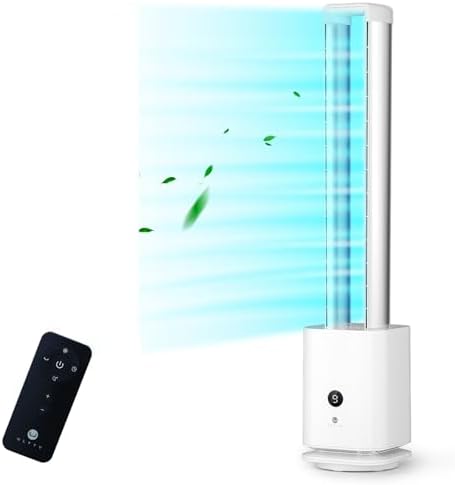 ULTTY Bladeless Tower Fan and Air Purifier in one, Bedroom Fan with HEPA Filter 99.97% Smoke Dust Pollen Dander, 42 Inch 90° Oscillating Tower Fan with Remote, Touch, 8H Timer