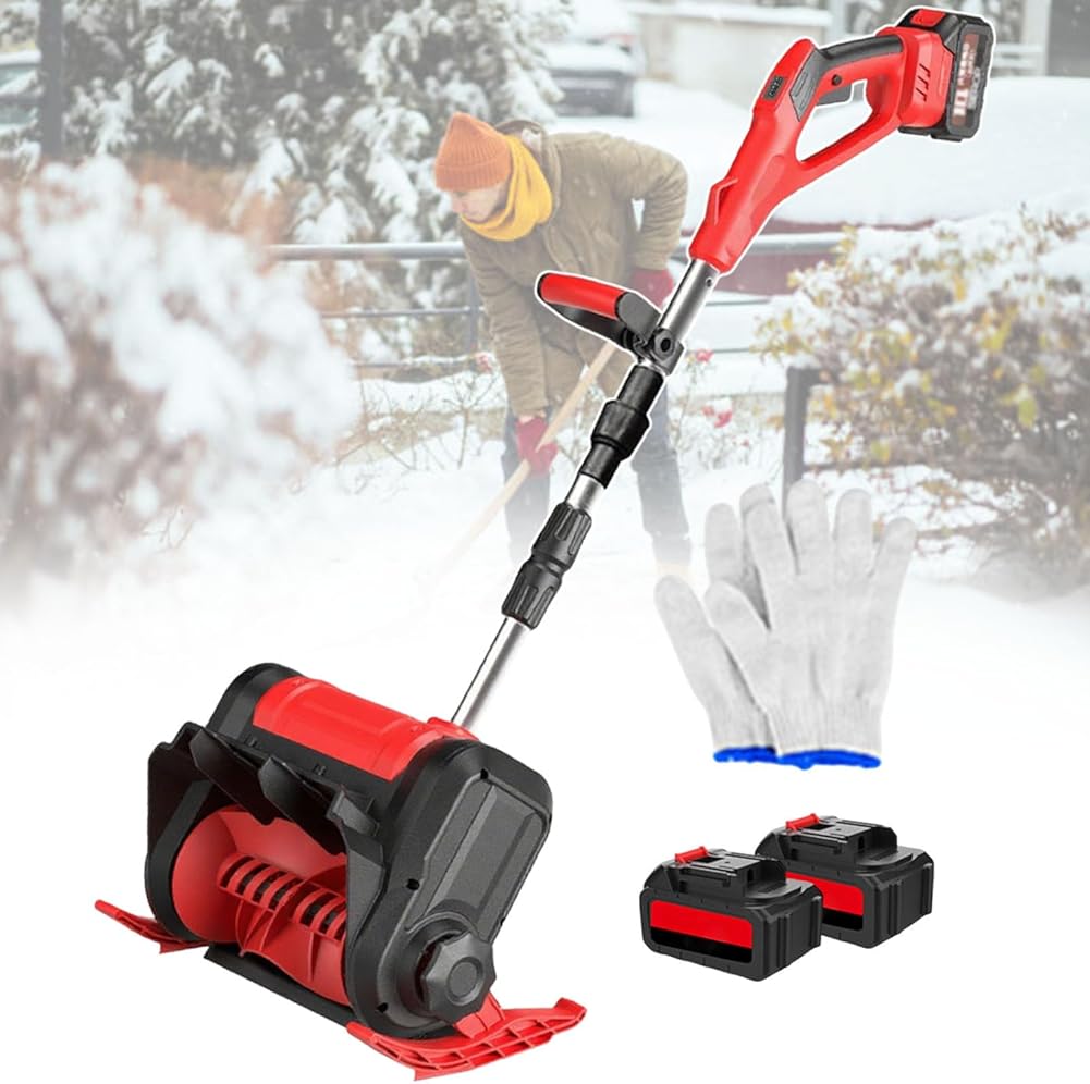 Electric Snow Shovel.Cordless Snow Blower,3000 mAh Battery Snow Thrower w/Foldable Pole + Dual Switch,3000 RPM,Cleaning Width of Up to 30 cm,for Courtyard (Red 2batteries)